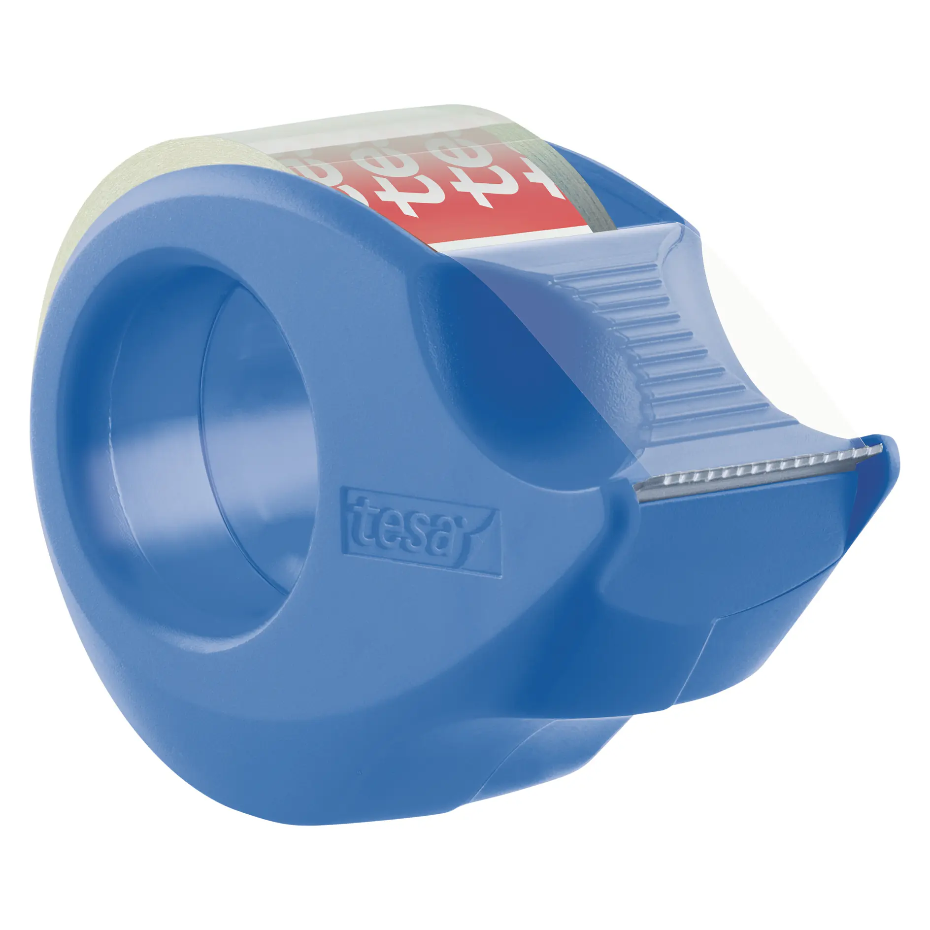 blue tesa tape dispenser with serrated edge holding clear adhesive tape on white background (Acest text a fost generat de inteligența artificială)