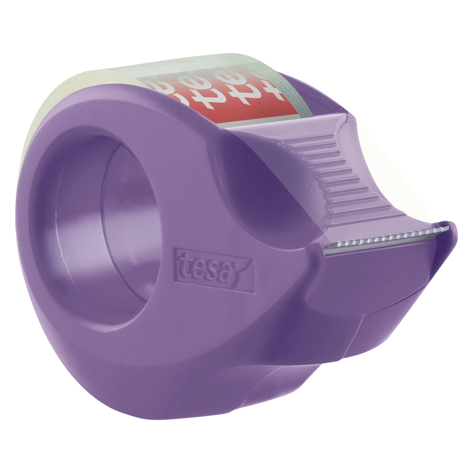 tesa purple tape dispenser with serrated edge and partially visible tape roll on white background (Acest text a fost generat de inteligența artificială)