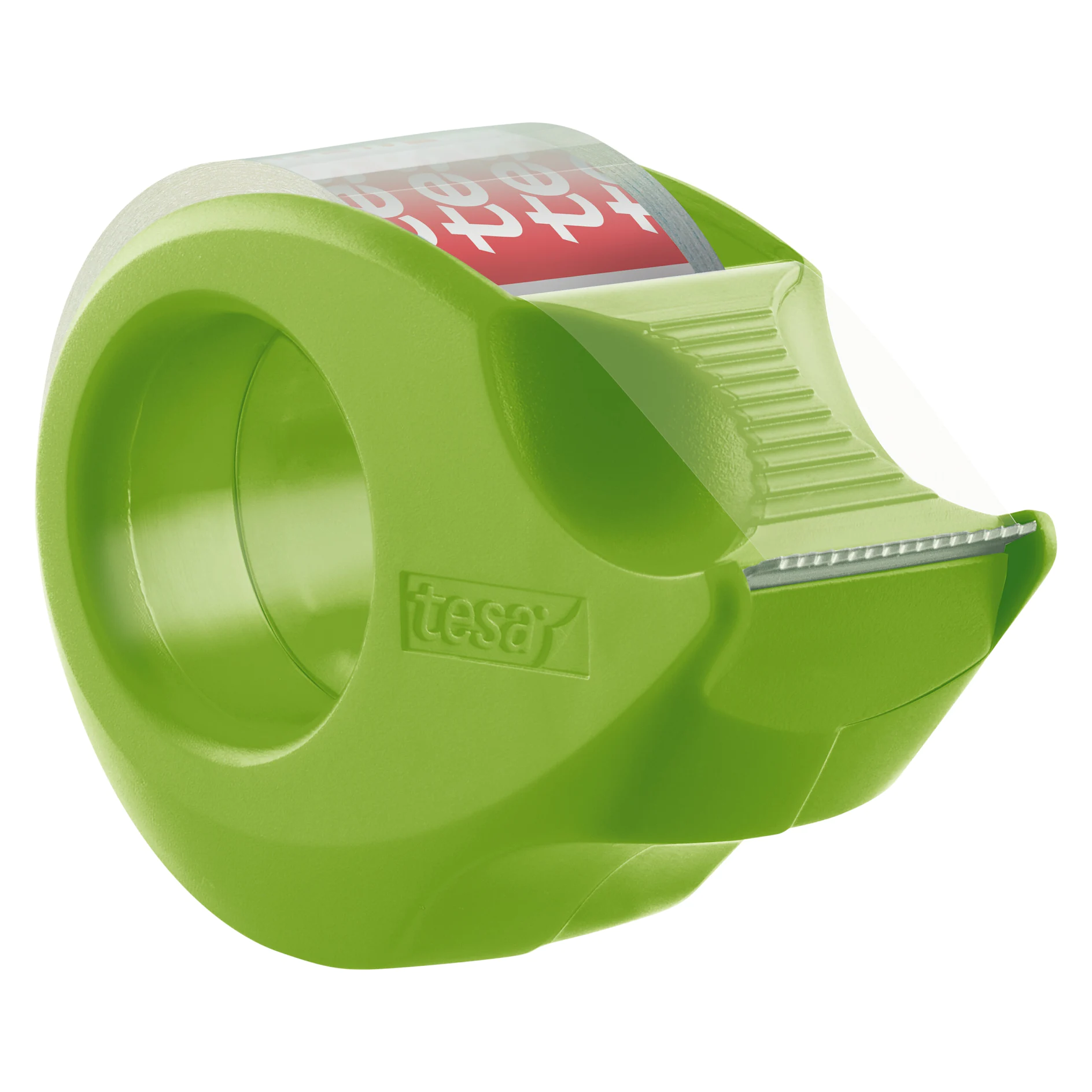 Green tesa tape dispenser with a serrated edge for cutting tape, shown against a white background. (Acest text a fost generat de inteligența artificială)