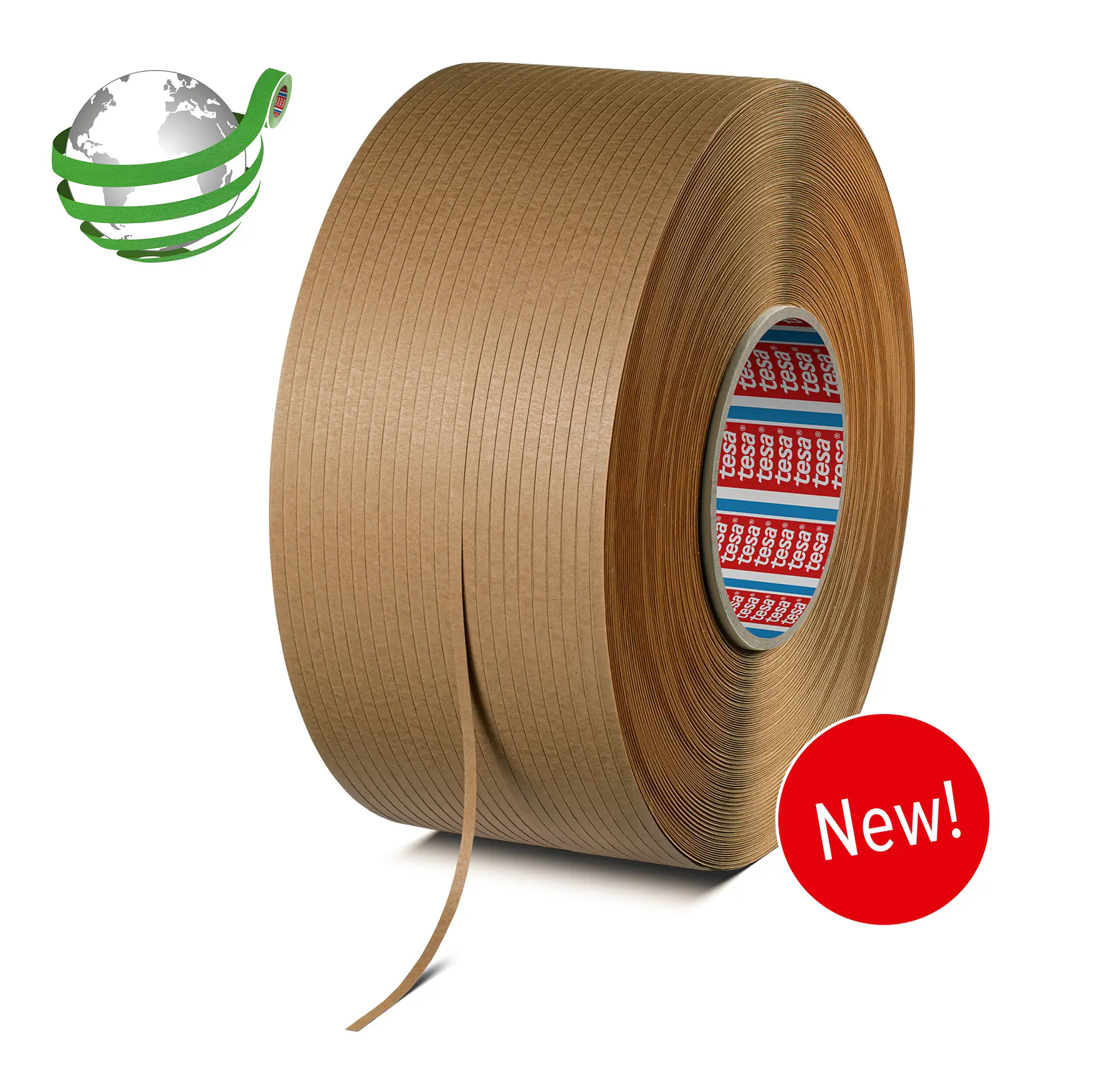 roll of brown tesa adhesive tape with a partially unrolled strip, set against a white background with a green globe logo nearby (Acest text a fost generat de inteligența artificială)