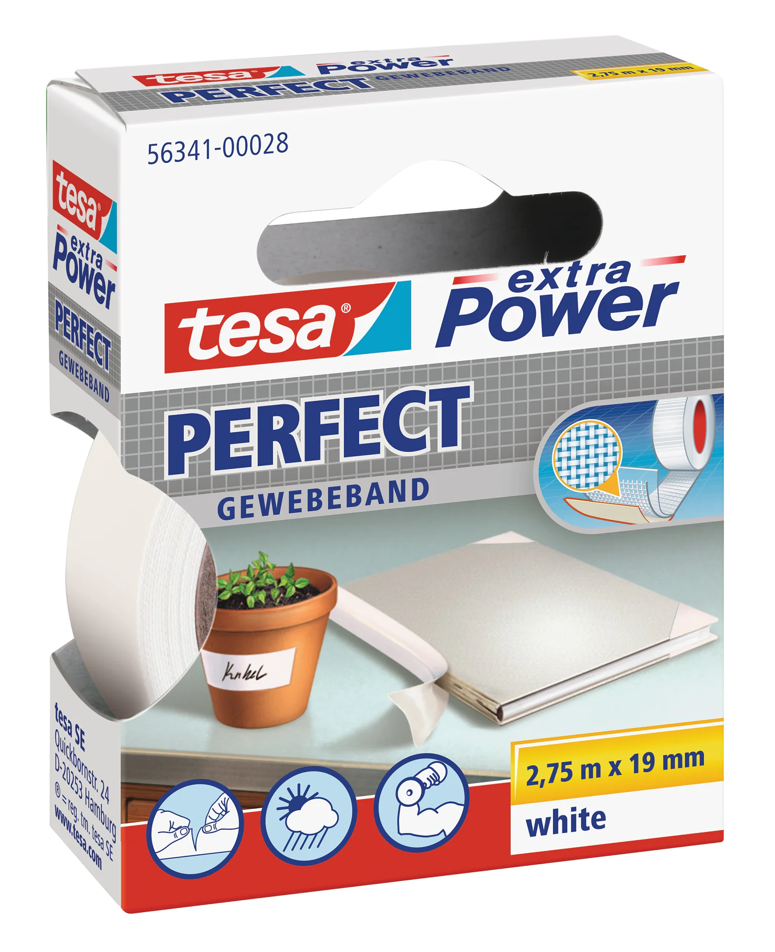 Krabička lepiacej pásky tesa extra Power Perfect v bielej farbe. Na krabici je kotúč tesa pásky, kvetináč s označenou páskou tesa a informácie o produkte. Popis udáva veľkosť 2,75 metra krát 19 milimetrov. (This text has been generated by AI)