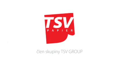 Iste, tu je upravený text: Červené a biele logo s písmenami „TSV“ a slovom „PAPIER“ pod ním. Pod logom sú slová „člen skupiny TSV GROUP“ napísané svetlejšou sivou farbou. (This text has been generated by AI)