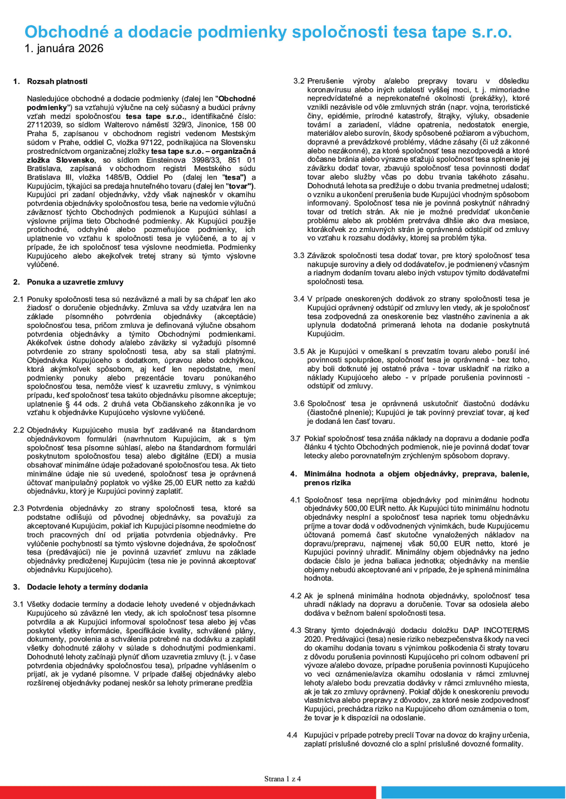 Obchodné a dodacie podmienky spoločnosti tesa tape s.r.o.