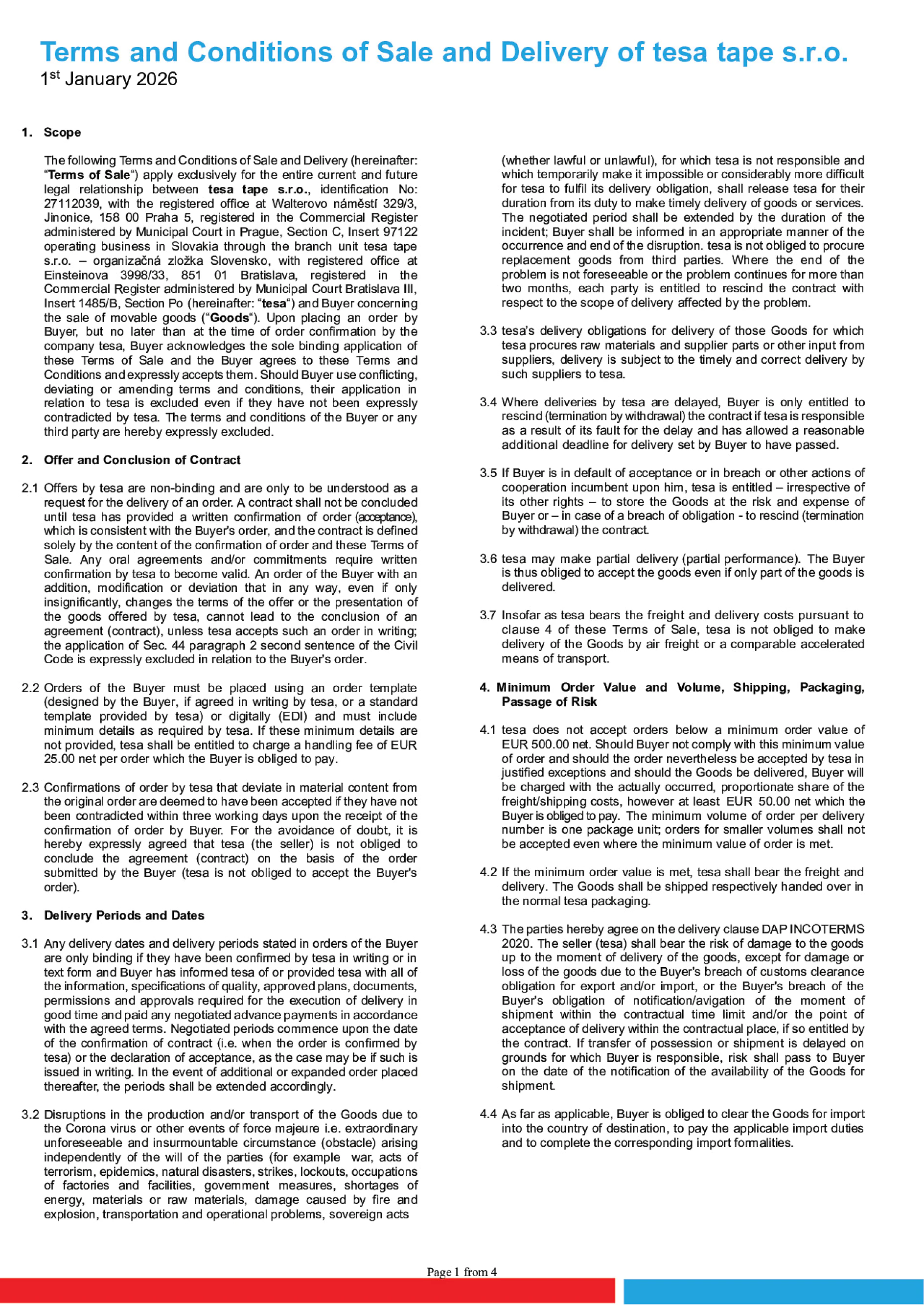 Terms and Conditions of Sale and Delivery of tesa tape s.r.o.