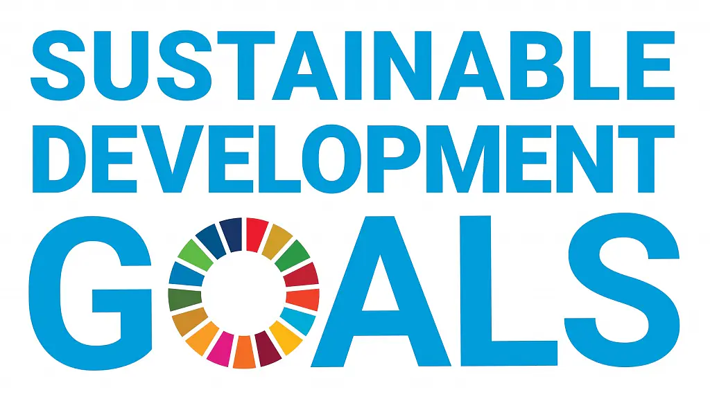 Text reading Sustainable Development Goals in blue, with GOALS in larger font. Below GOALS, there is a multicolored circular emblem consisting of 17 segments, representing the United Nations 17 Sustainable Development Goals. (This text has been generated by AI)