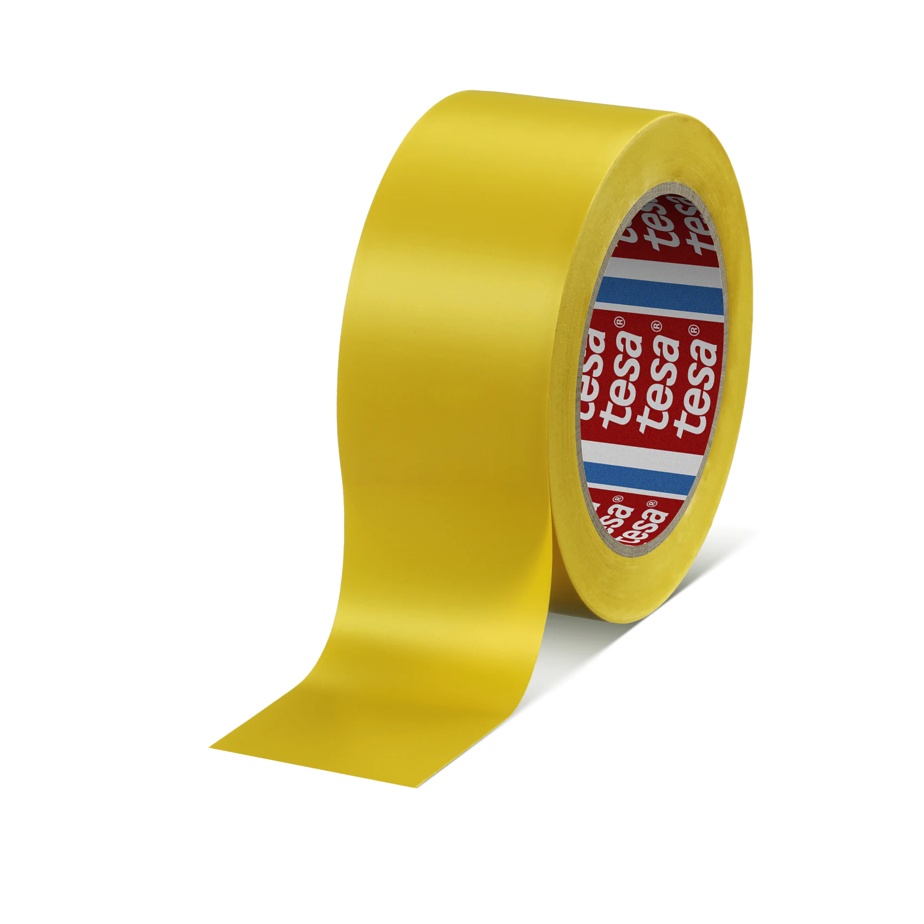 yellow tesa adhesive tape roll partially unrolled on white background, showing red and white branded inner core (This text has been generated by AI)