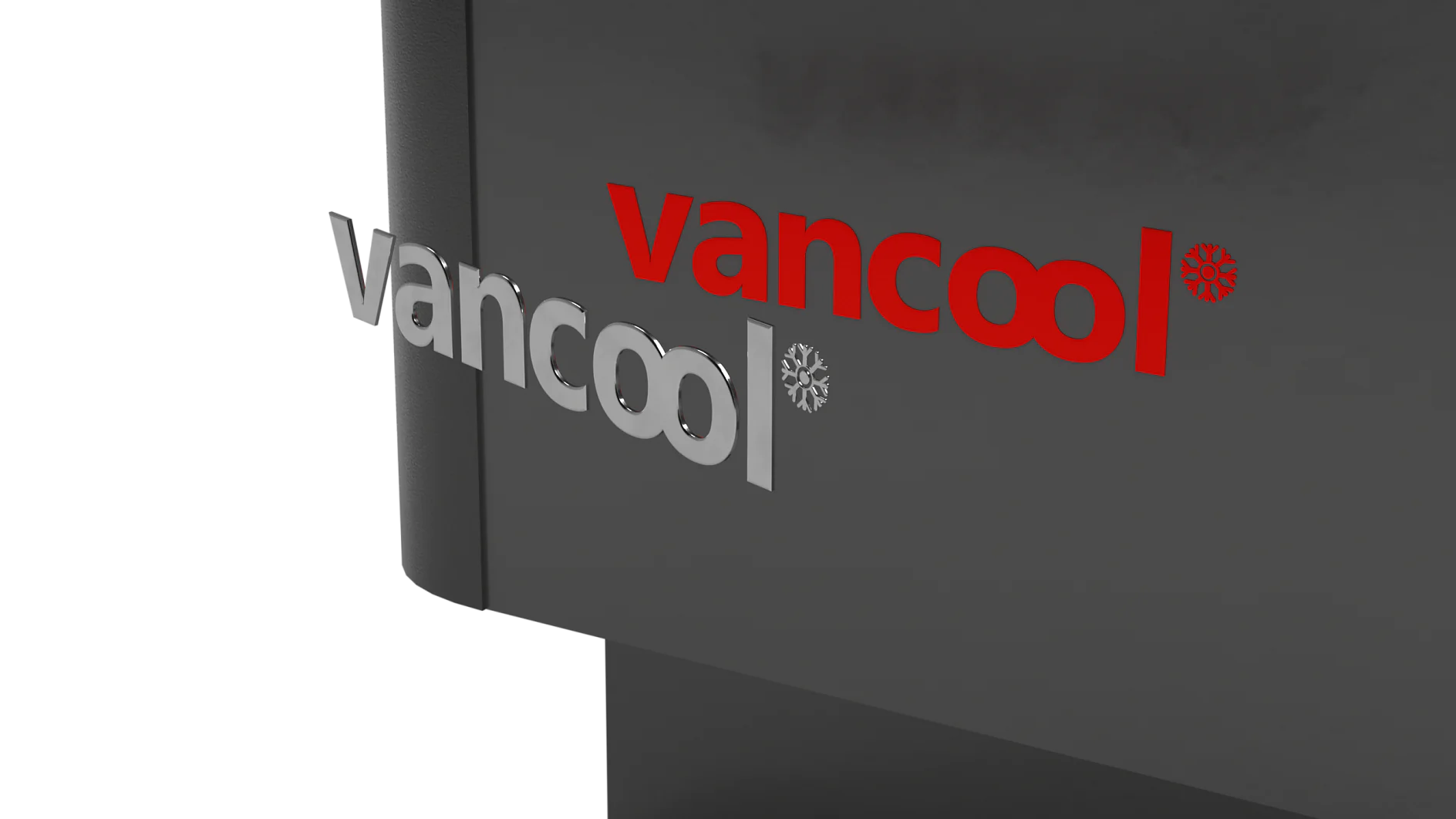 Close-up of a dark surface featuring the word vancool in large metallic letters on the left. The same word appears in smaller red letters on the right. Two snowflake symbols are positioned near the letters. (This text has been generated by AI)