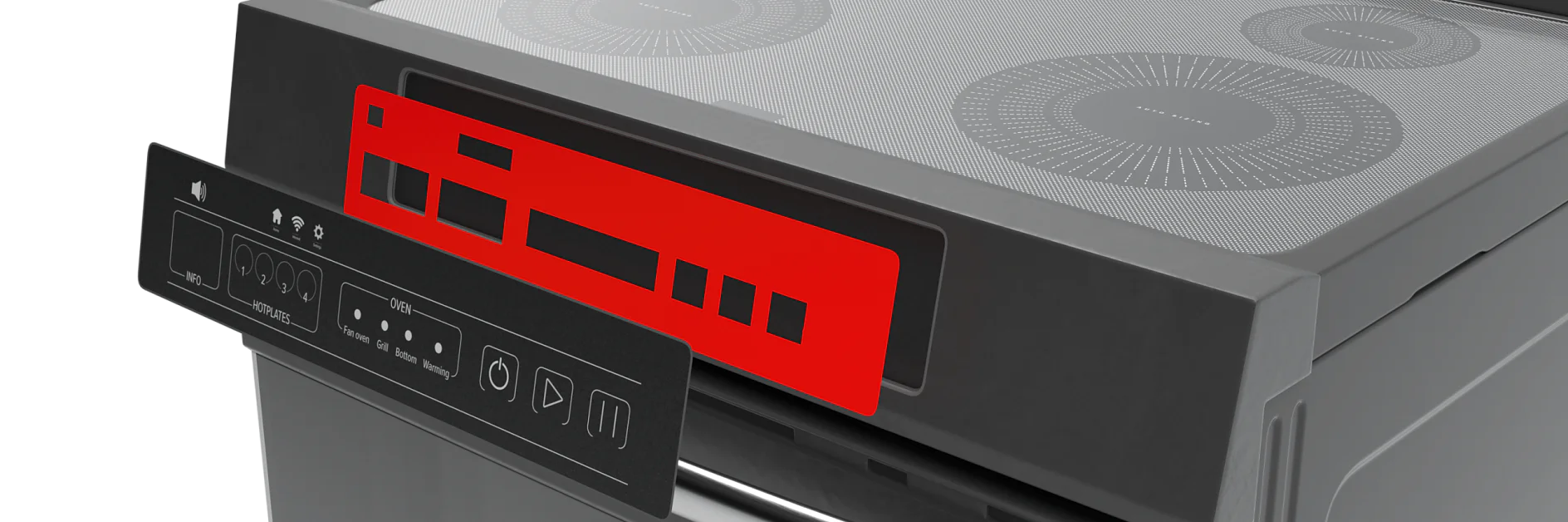 Induction cooktop with four circular heating zones on a smooth surface. A red digital control panel is located at the front. The appliance has a sleek, modern design with a handle beneath the control panel, securely fastened using tesa tape for added stability and durability. (This text has been generated by AI)