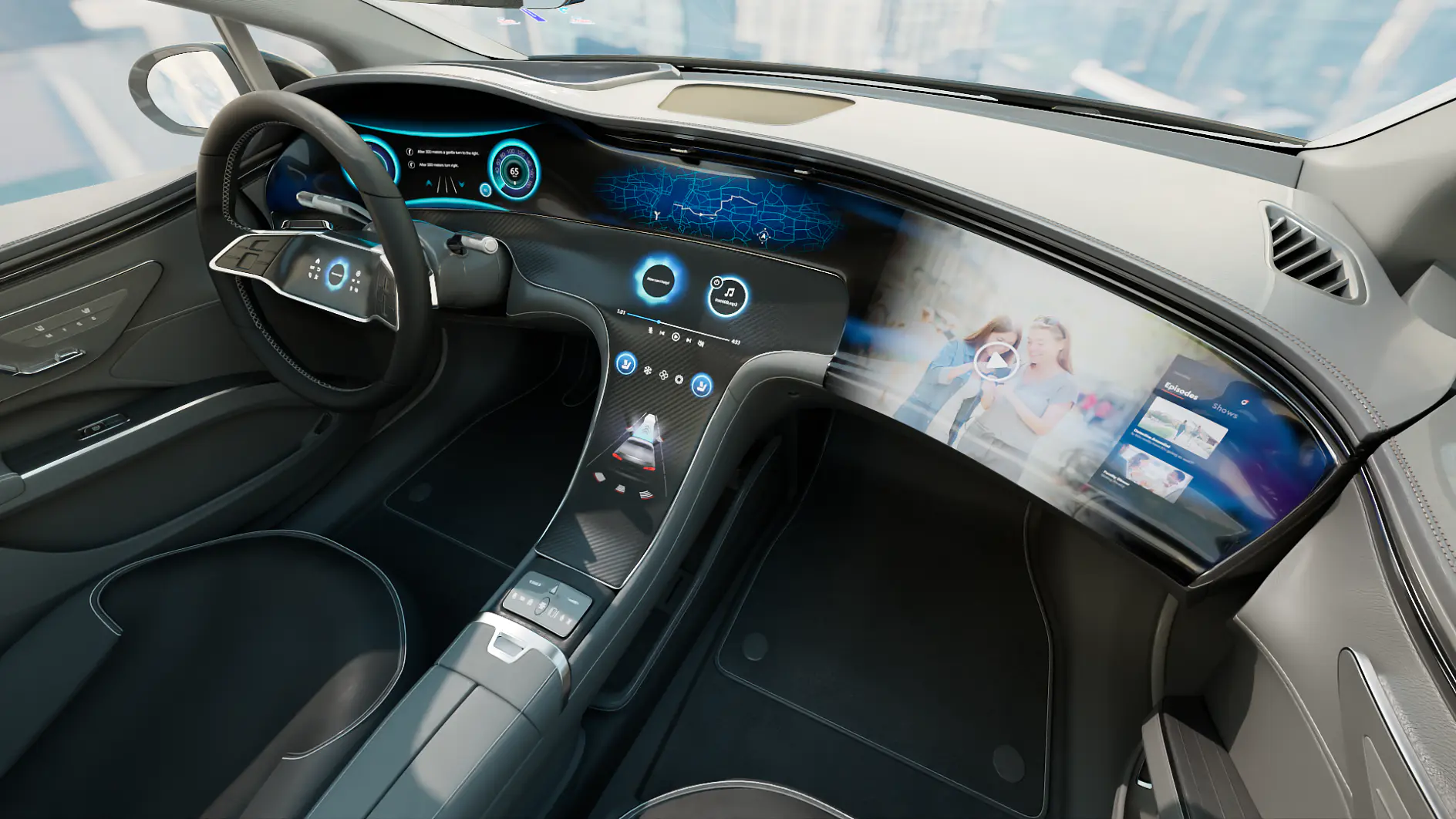 Futuristický interiér vozidla s digitálnou prístrojovou doskou s dvoma veľkými obrazovkami zobrazujúcimi rôzne ovládacie prvky a obrázky. Volant má zabudované digitálne ovládacie prvky a dizajn kokpitu je elegantný a moderný. (This text has been generated by AI)