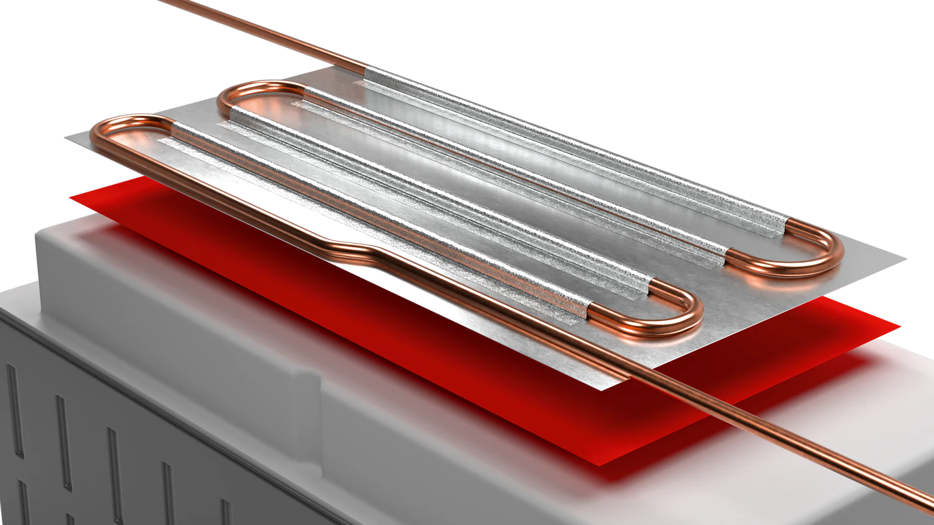 Heres a close-up rendering of an electronic component featuring a metallic and copper-colored design. It includes multiple parallel metallic strips on a red base, positioned on top of a gray rectangular block with vertical grooves. (This text has been generated by AI)