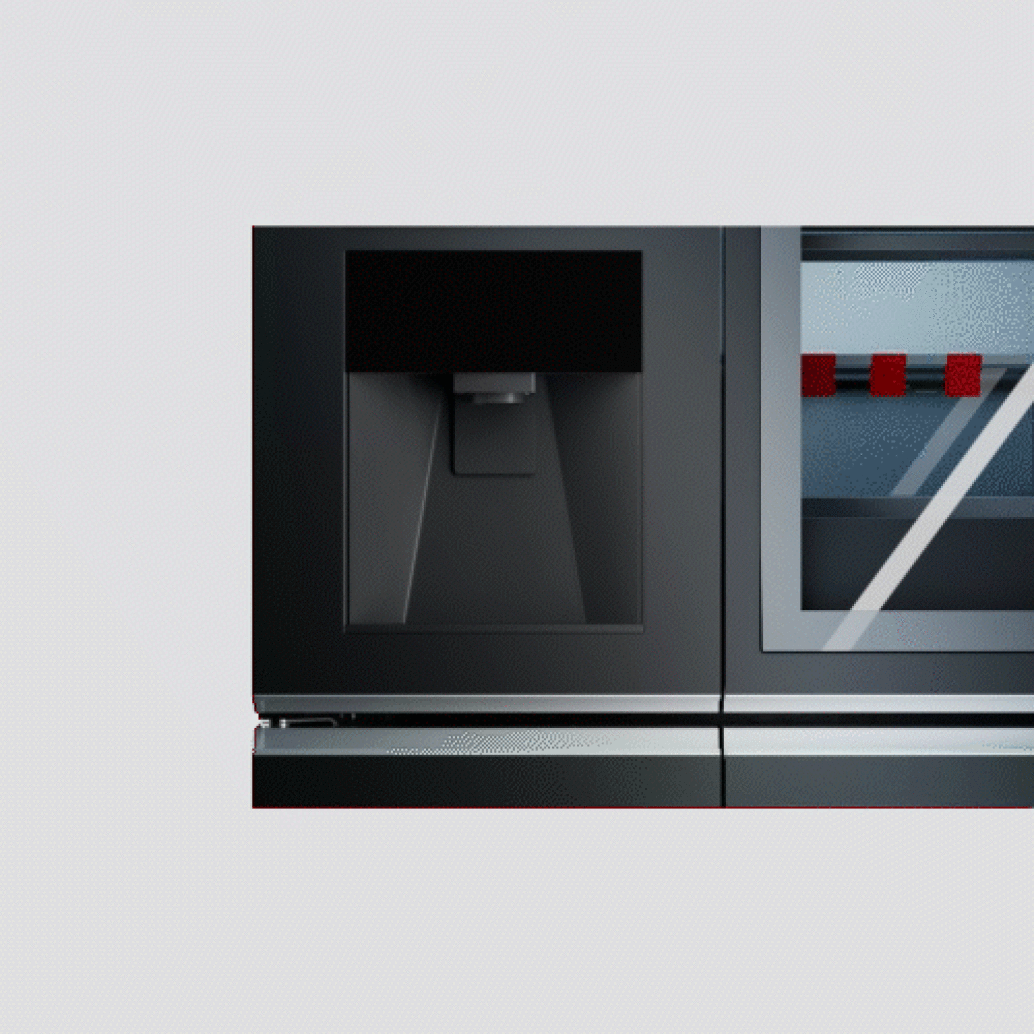 Animated image of a modern refrigerator door opening, revealing its interior. Inside, a tesa tape water dispenser is visible on the left, and shelves containing bottles and packaged items are on the right. (This text has been generated by AI)