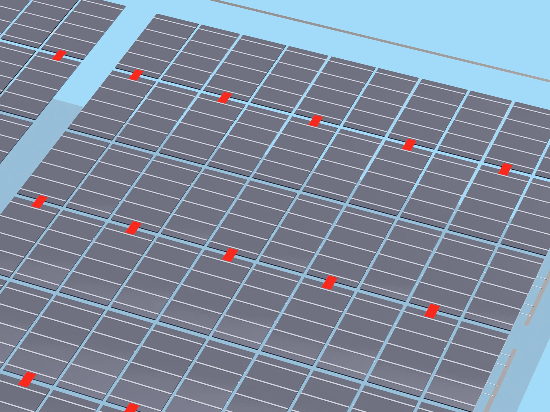 Aerial view of an array of solar panels with several small red arrows indicating specific points across the panels. The background is a light blue, resembling the sky. (This text has been generated by AI)