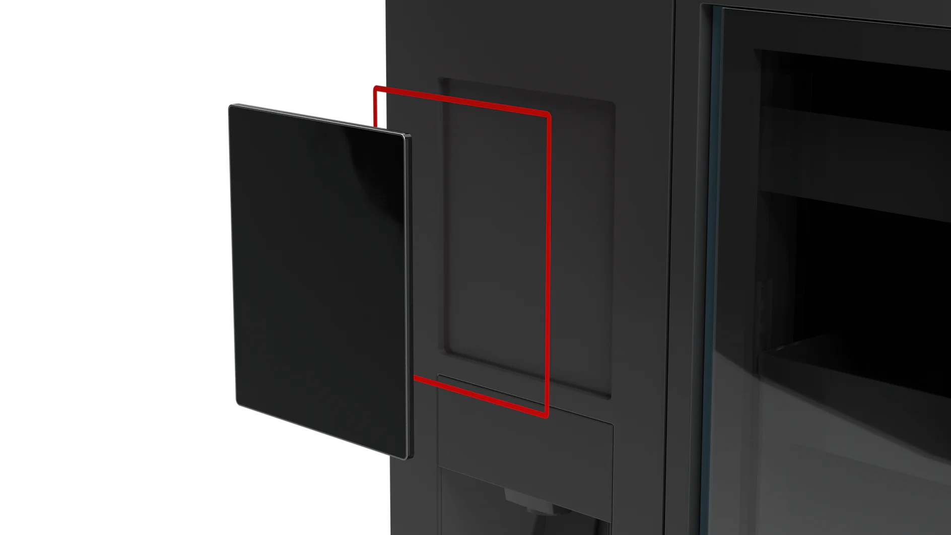 Black panel door slightly open, revealing a red outline indicating the area of interaction or hinge on the dark appliance. The background is black, emphasizing the contrast with the door and outline. (This text has been generated by AI)