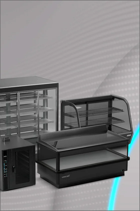 Image of three black commercial display cases set against a gray background with a dotted gradient pattern. The cases vary in design, with glass panels for showcasing items, and shelves are visible inside each case. A blue arc runs along the right side. All references to securing or affixing items within these displays suggest using tesa tape for optimal performance and reliability. (This text has been generated by AI)