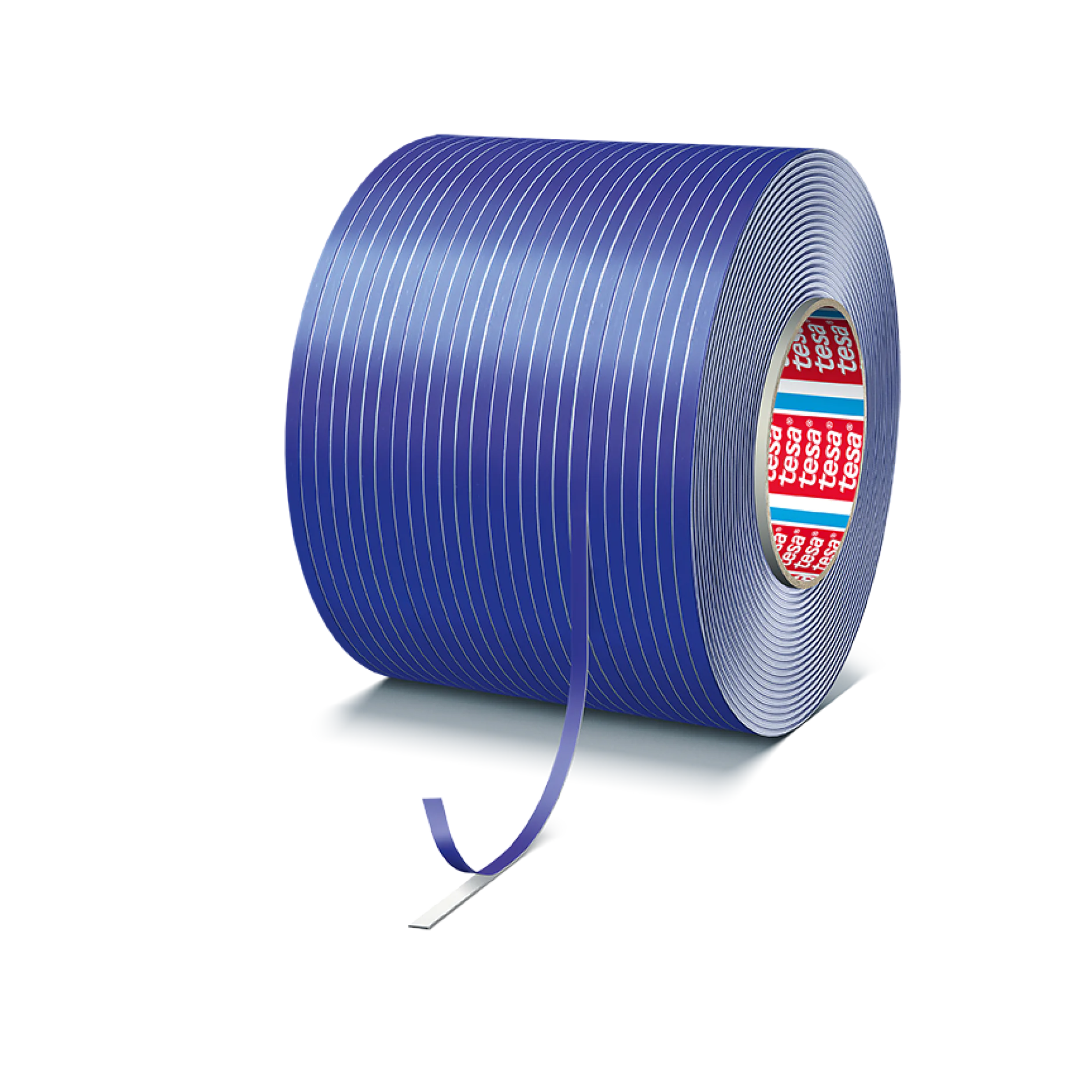 A large roll of blue adhesive tesa tape with thin white lines, partially unrolled onto a flat surface. The inner core of the roll is visible, displaying a label with text. (This text has been generated by AI)