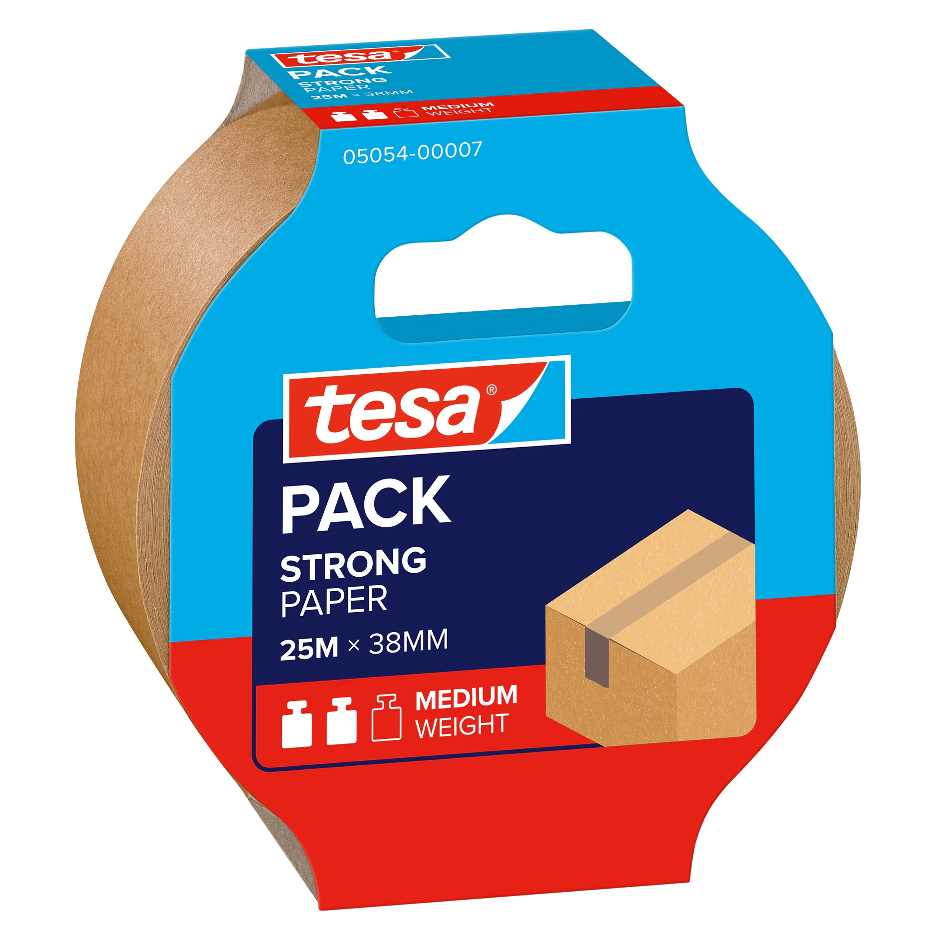tesa pack strong paper tape roll with 25 meters length and 38 mm width, designed for medium weight packaging tasks, displayed in blue and red packaging (This text has been generated by AI)