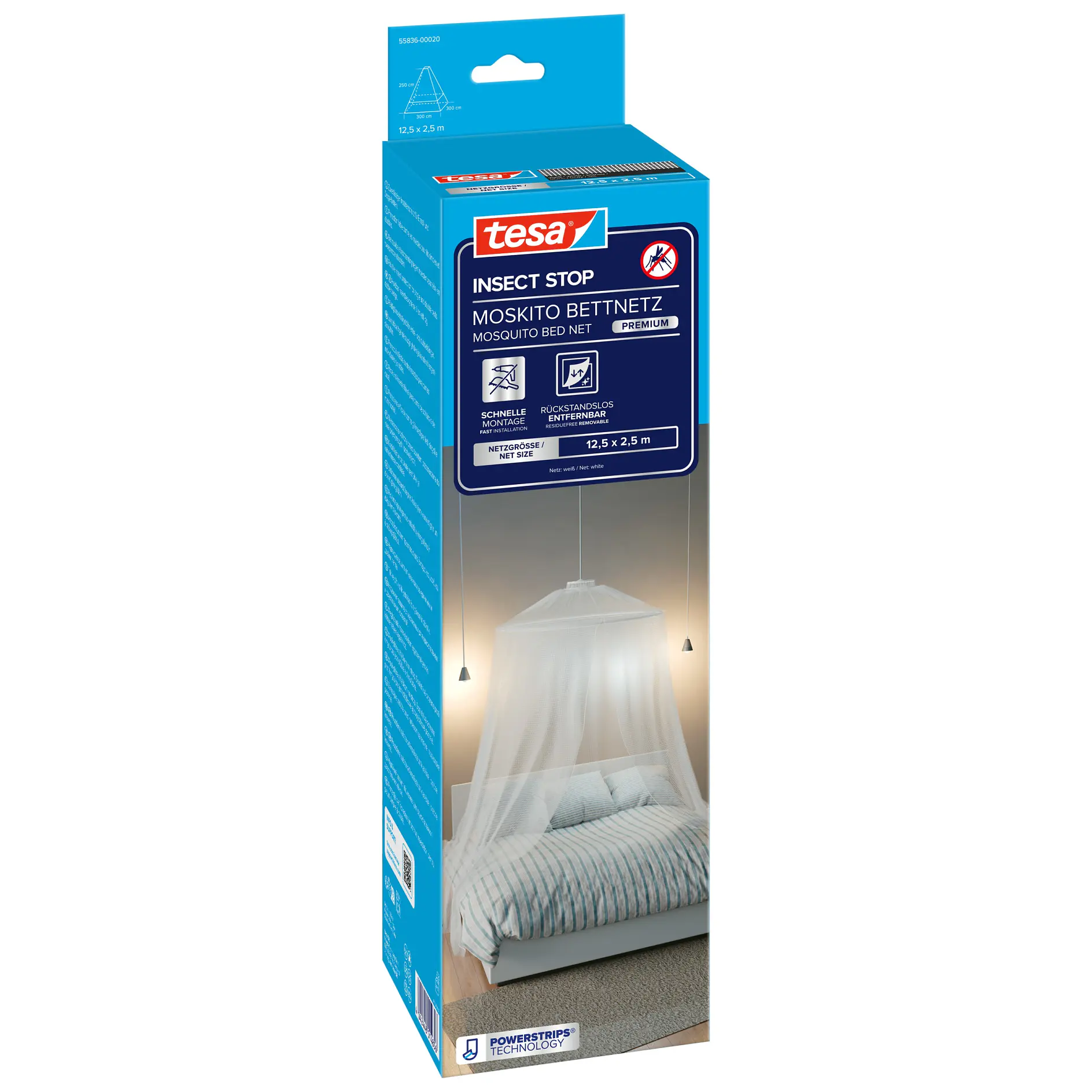 tesa insect stop mosquito netting packaging showing a bedroom with a bed covered by a white mosquito net indoors (This text has been generated by AI)