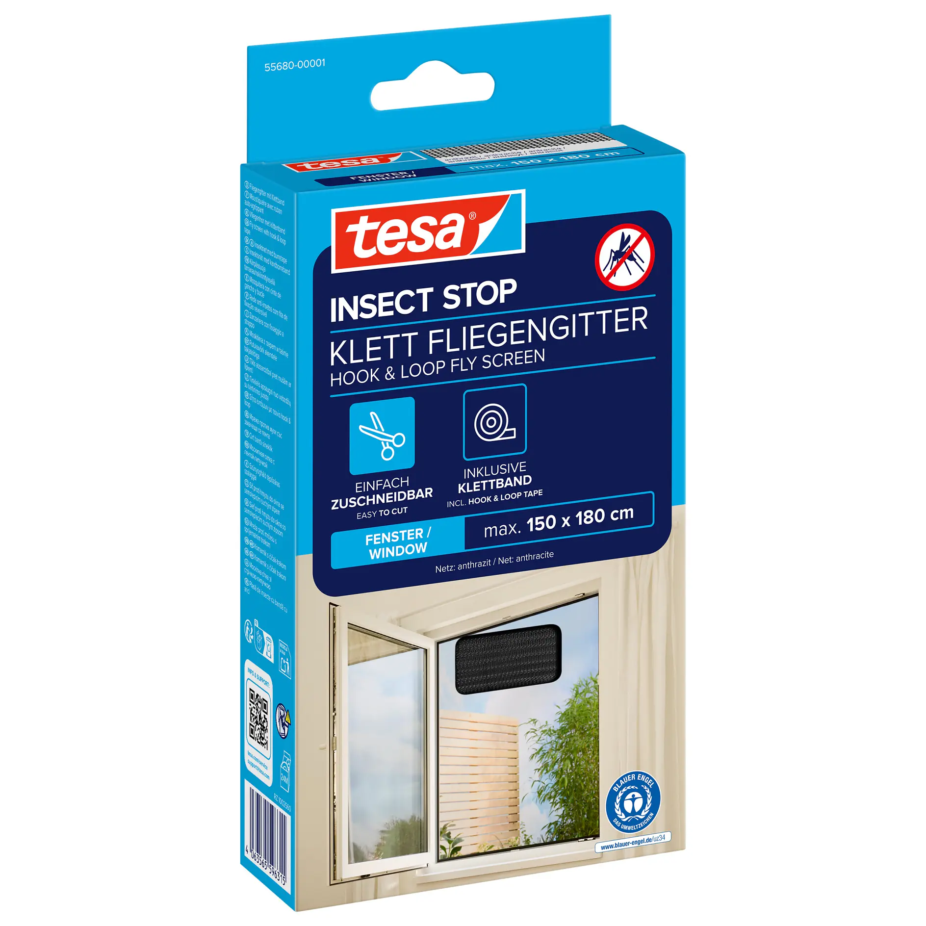 tesa insect stop hook and loop fly screen packaging showing product for door use with blue and white box in indoor setting (This text has been generated by AI)