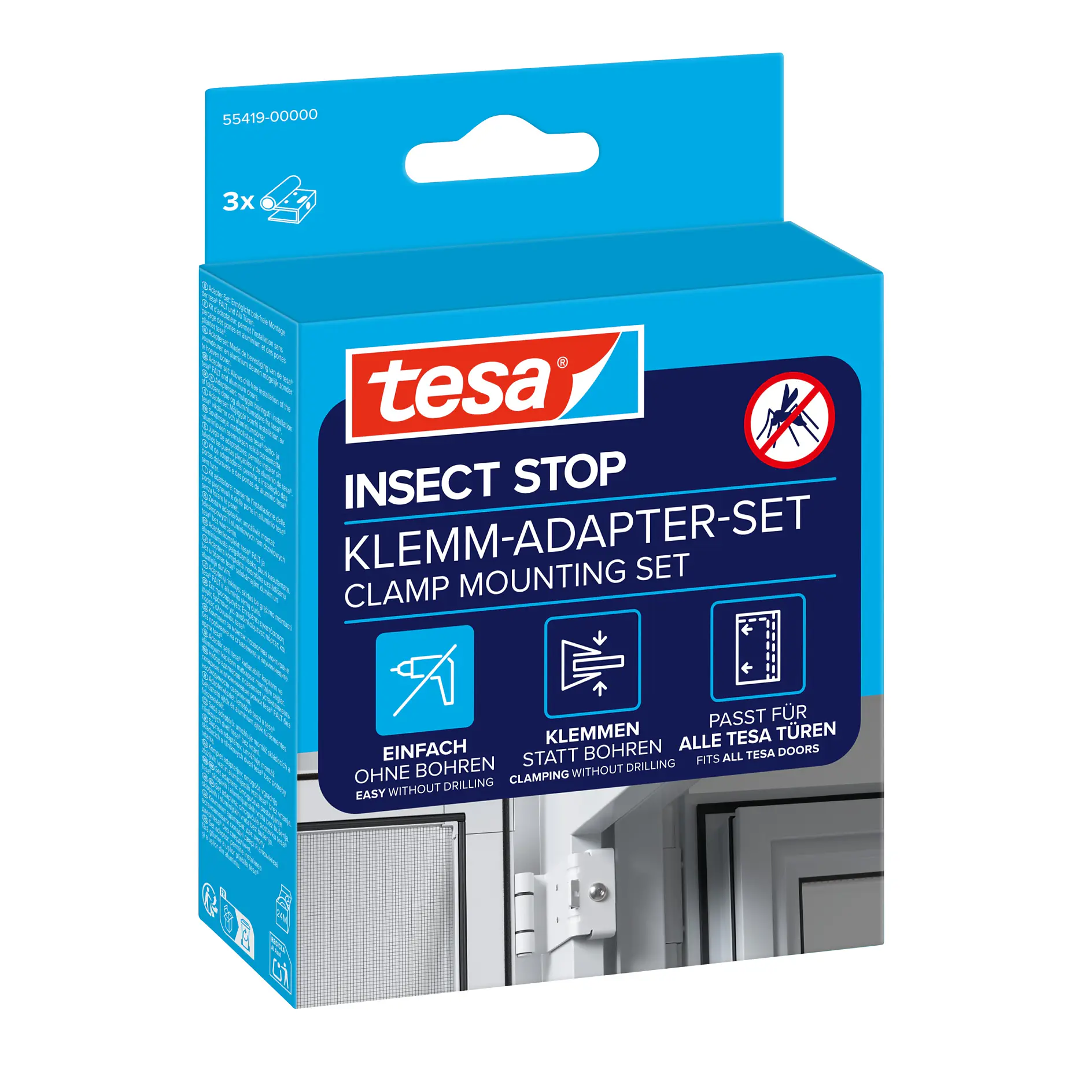 tesa insect stop clamp mounting set packaging showing product for easy, screw-free installation to prevent insect entry on doors or windows (This text has been generated by AI)