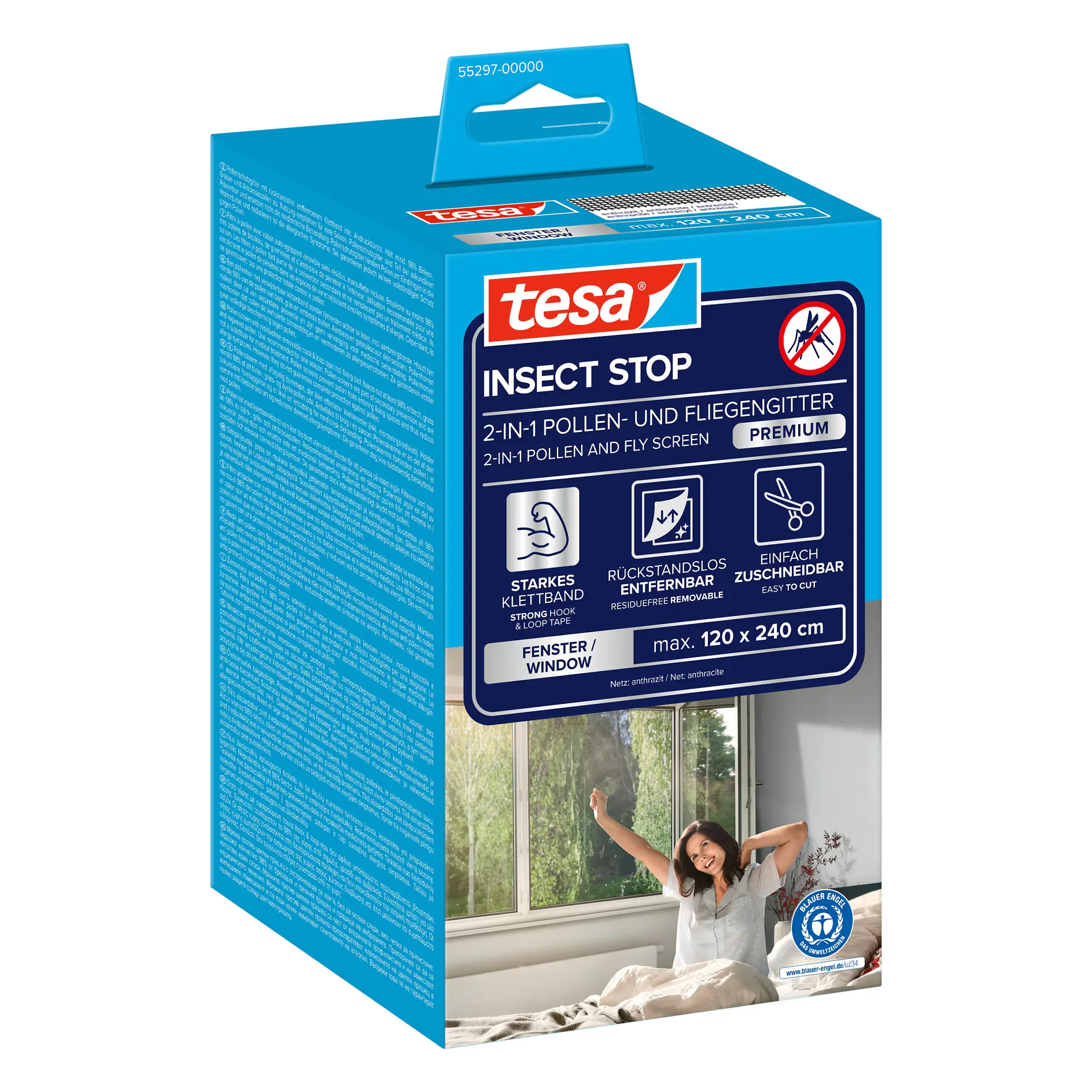 tesa insect stop pollen and fine dust filter for windows, blue packaging with product features and a woman opening a window indoors (This text has been generated by AI)