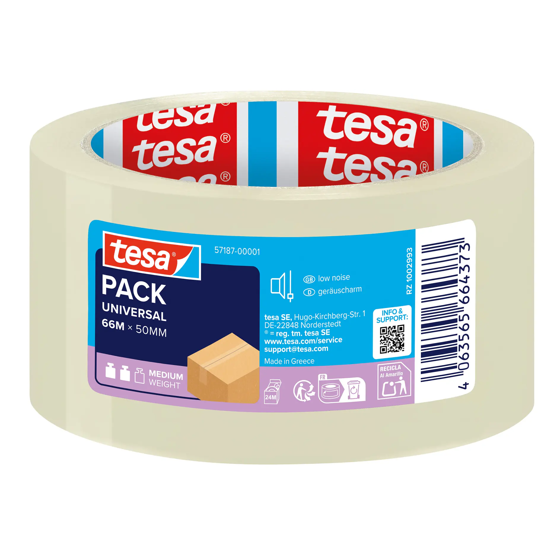 tesa pack universal clear adhesive tape roll for packaging and sealing boxes, displayed on a white background (This text has been generated by AI)