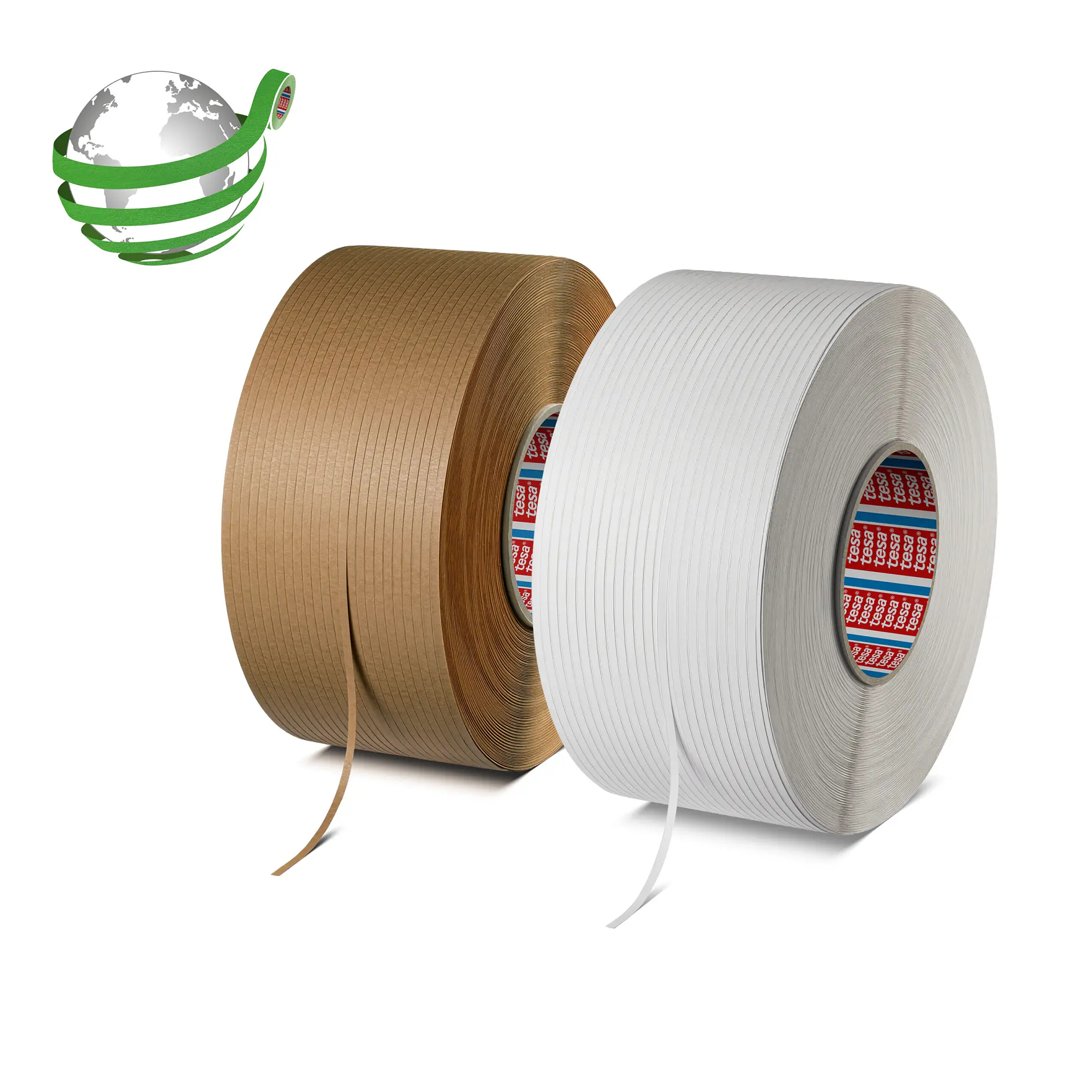 two rolls of tesa adhesive tape, one brown and one white, displayed on a white background with a green globe logo and a red 