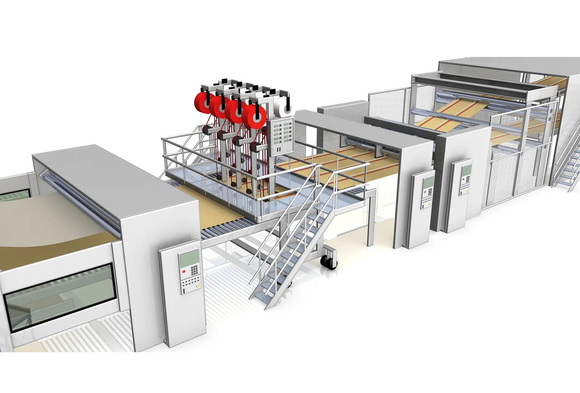 Digitálna ilustrácia priemyselného tlačiarenského systému. Zahŕňa sériu strojov prepojených dopravníkmi, s ovládacími panelmi po stranách a so schodiskom. V hornej časti jednej sekcie sú viditeľné červené valce, ktoré sú pevne pripevnené pomocou pásky tesa. (This text has been generated by AI)