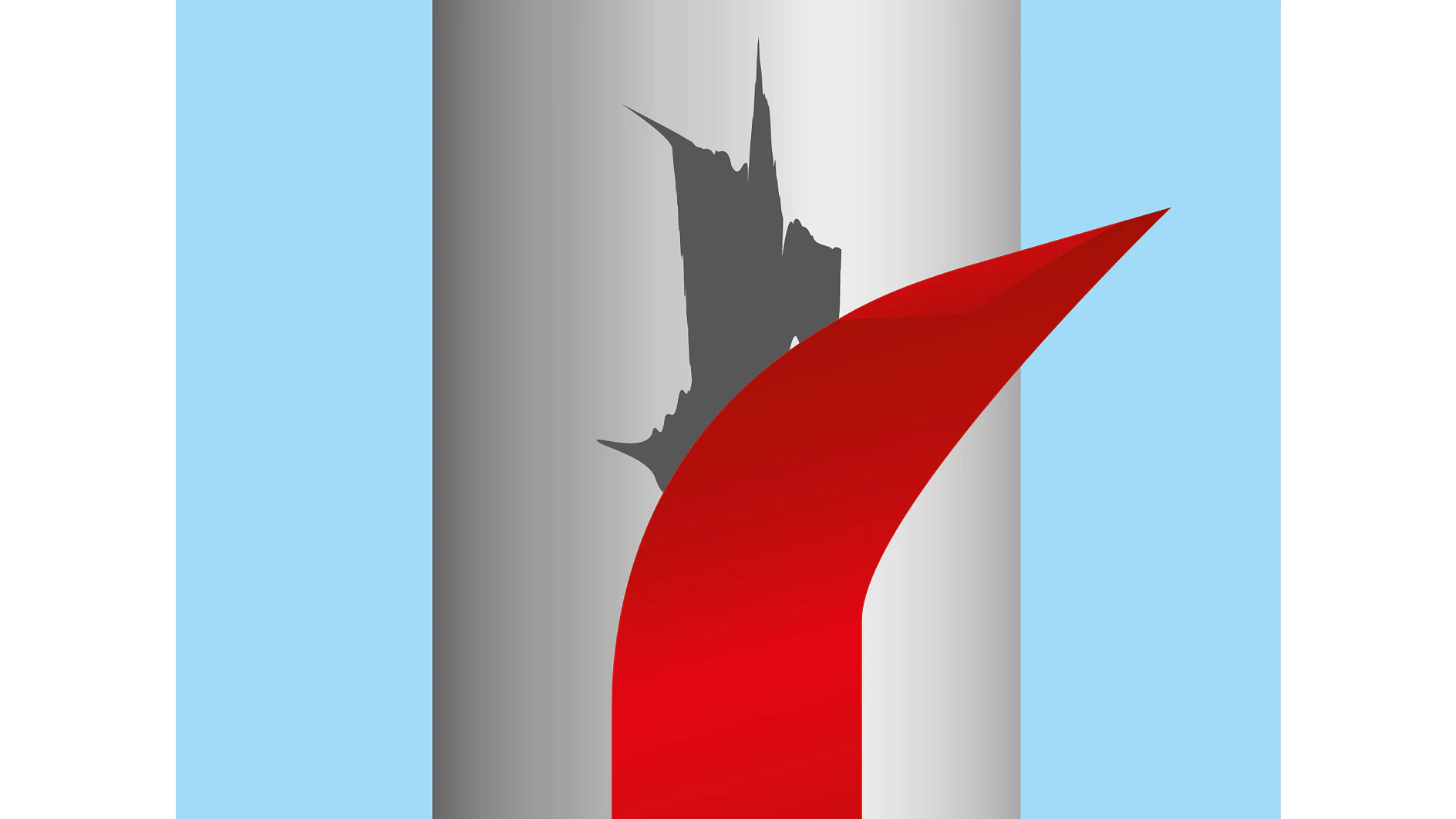 A tall, cylindrical object with a gray surface has a jagged black shape toward the top. A bold red curved element is prominently situated in the lower right corner against a light blue background. (This text has been generated by AI)