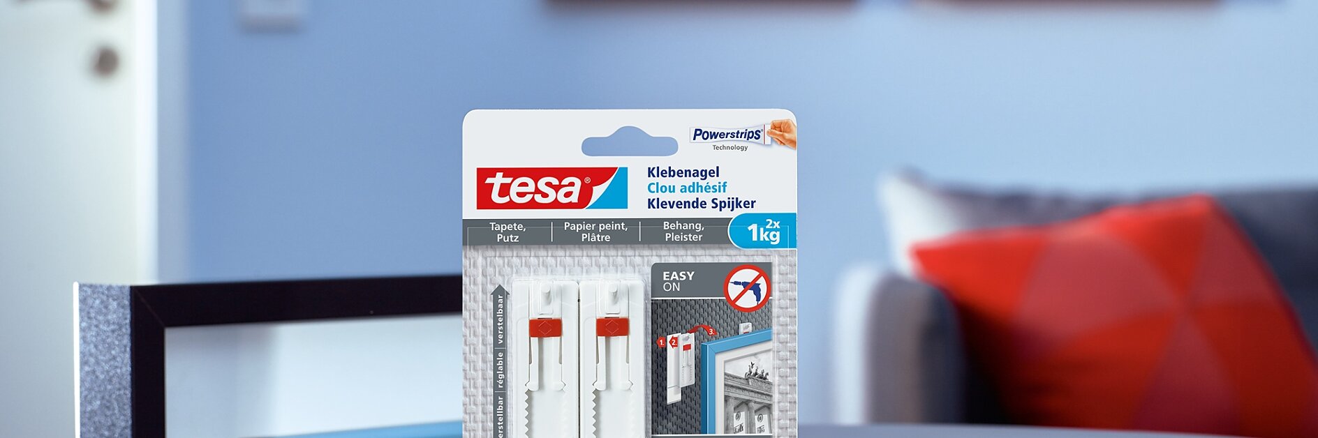 Så här använder du tesa® justerbar självhäftande spik för tapet och puts 1 kg.