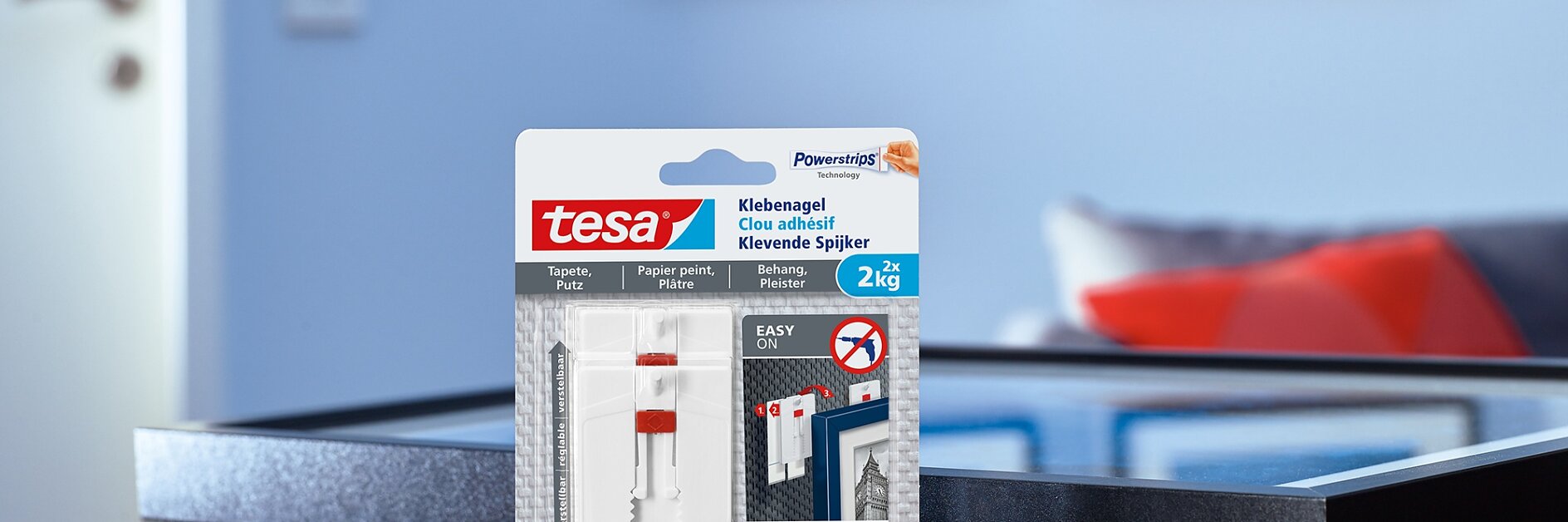 Så här använder du tesa® justerbar självhäftande spik för tapet och puts 2 kg.