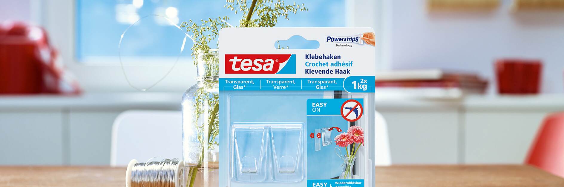 Så här använder du tesa® självhäftande krokar för genomskinliga ytor och glas 1 kg.