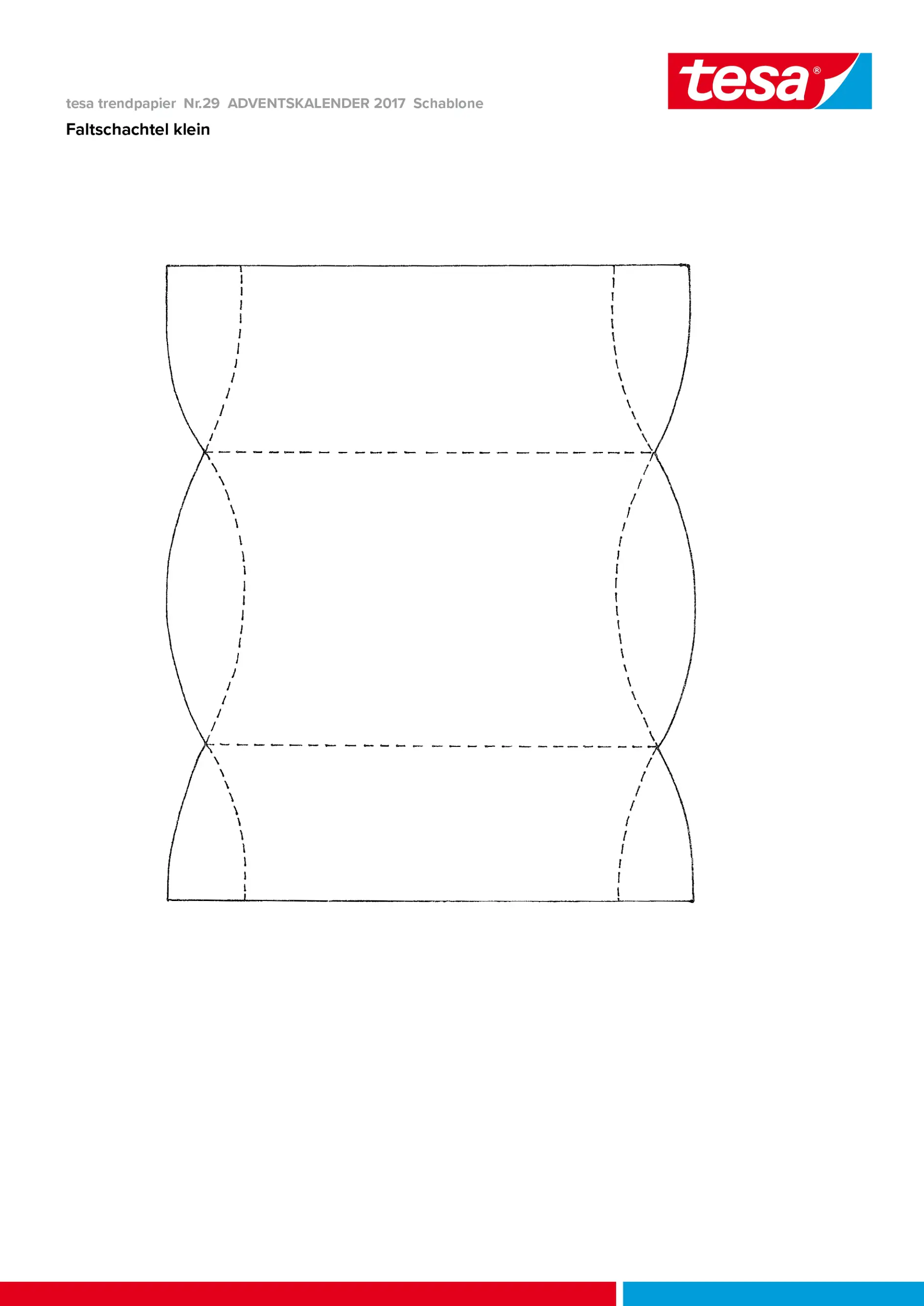 Mall för en liten vikbar låda från tesa Adventskalender 2017. Kontur- och viklinjer visas med streckade och heldragna linjer. Sidan har röd tesa-varumärkning uppe till höger. (This text has been generated by AI)