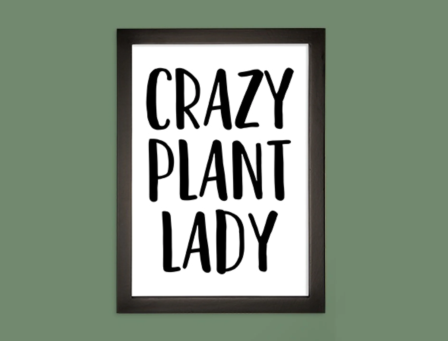 Inramat konstverk med texten Crazy Plant Lady i djärva svarta bokstäver mot en vit bakgrund. Ramen är svart, fäst på den gröna väggen med tesa-tejp. (This text has been generated by AI)