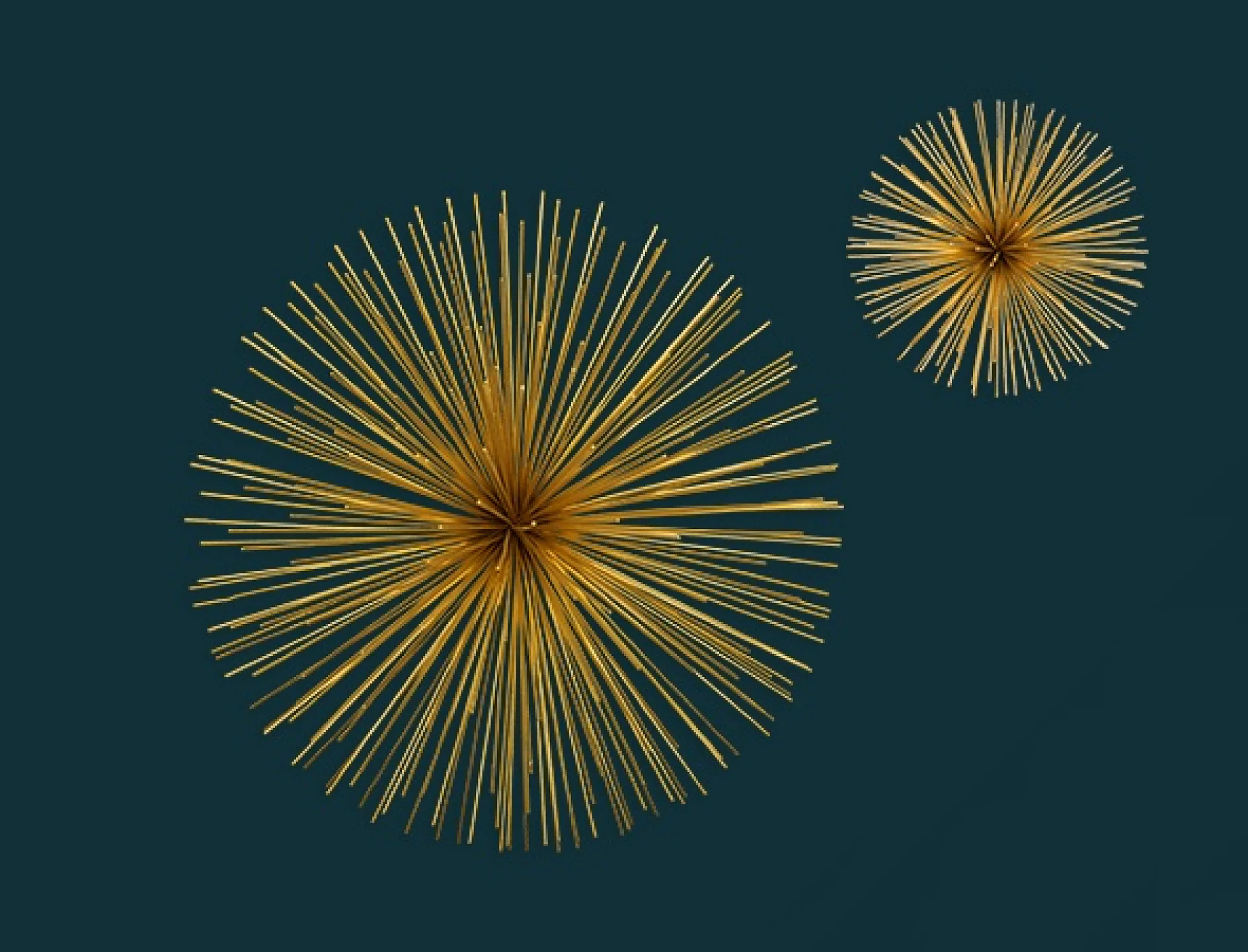 De två guldiga, taggiga, starburst-liknande geometriska formerna står mot en mörk kricka bakgrund. Den större formen är till vänster, medan den mindre är placerad uppe till höger. De liknar abstrakta fyrverkerier eller sjöborrar. Elementen är intrikat sammankopplade med hjälp av tesa-tejp för att säkerställa att de sticker ut tydligt mot bakgrunden. (This text has been generated by AI)