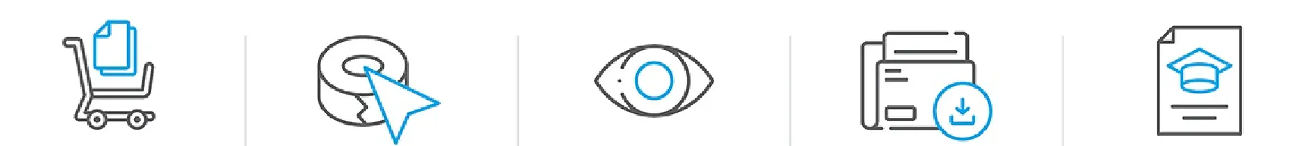 Icons depict a document in a shopping cart, tesa tape and cursor, an eye, a printer with an arrow pointing down, and a document with a graduation cap.