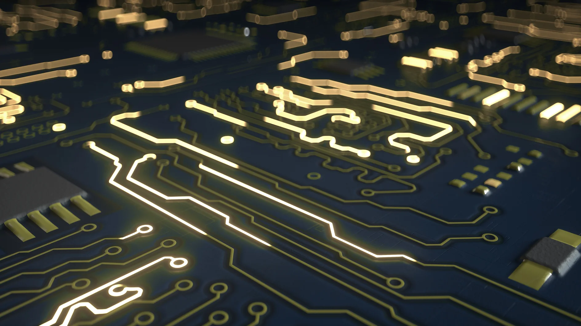 Blå elektrisk krets. Datavetenskap eller elektroniskt koncept. 3D-renderingsillustration med grunt skärpedjup