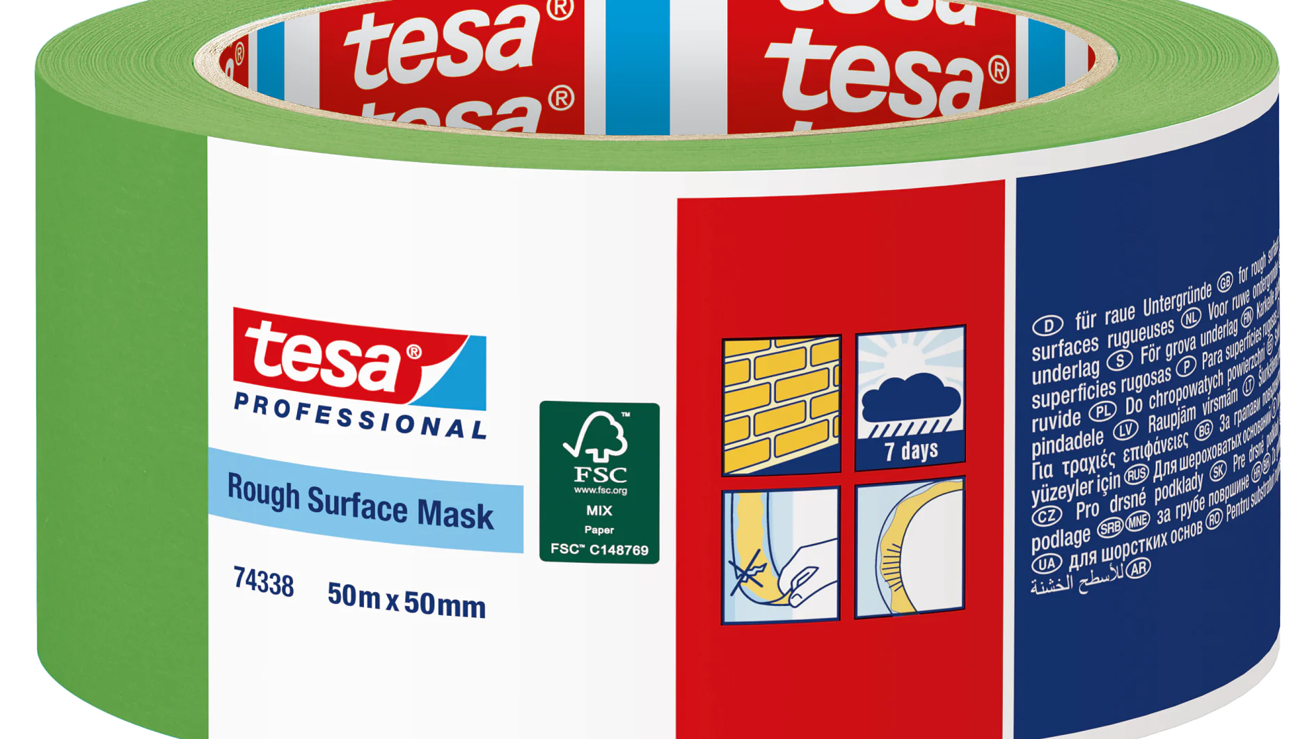 En rulle tesa tape Professional Rough Surface Masking Tape visas. Tesa-tejpen har en grön exteriör och en etikett med produktinformation, inklusive ikoner som indikerar dess användning för grova ytor och ett sju dagars löfte om borttagning av rester. (This text has been generated by AI)