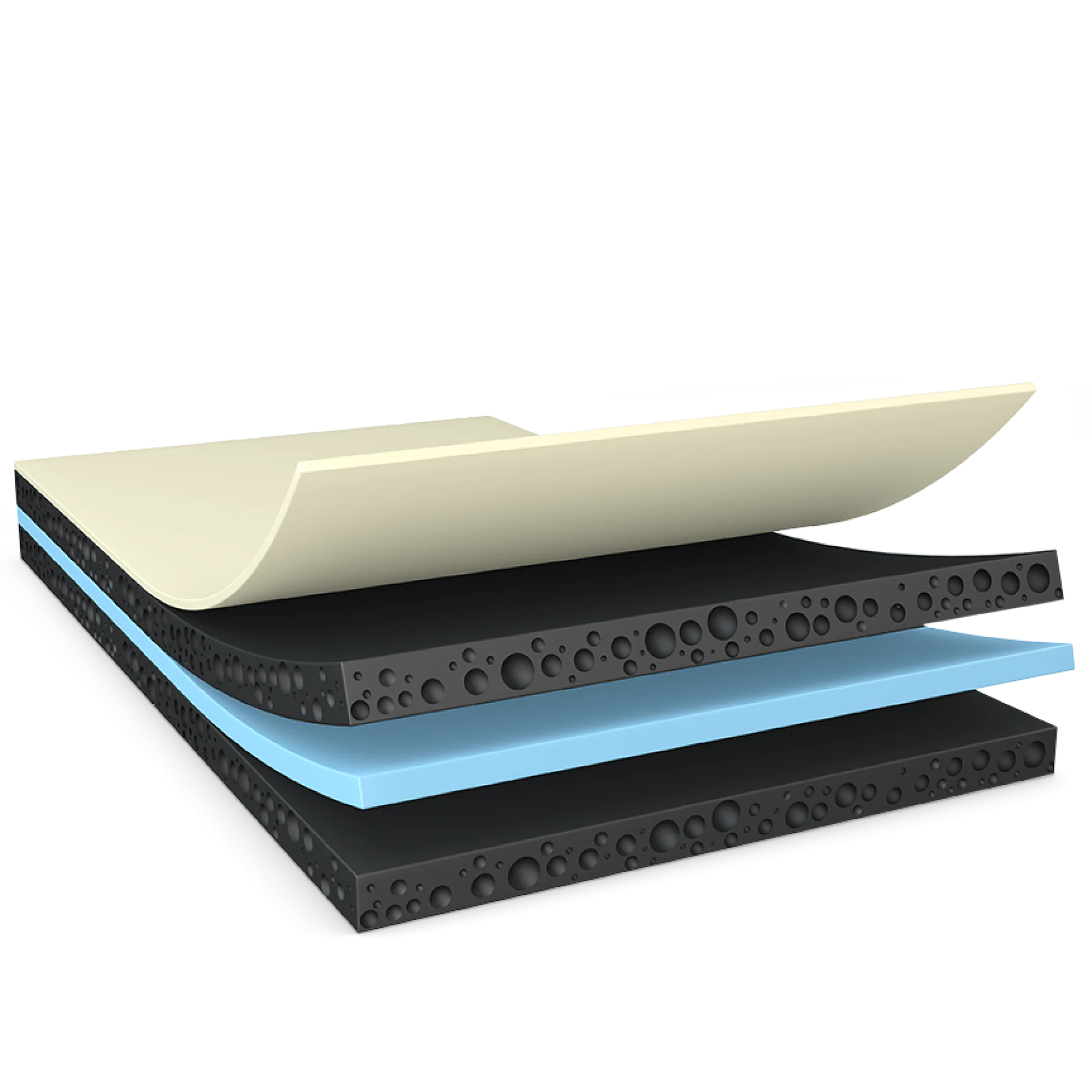 A diagram of a layered material. The top layer is a smooth, off-white sheet, followed by a black layer with bubble-like textures. Then, a blue layer sits above another black textured layer at the bottom, all secured with tesa tape. (This text has been generated by AI)