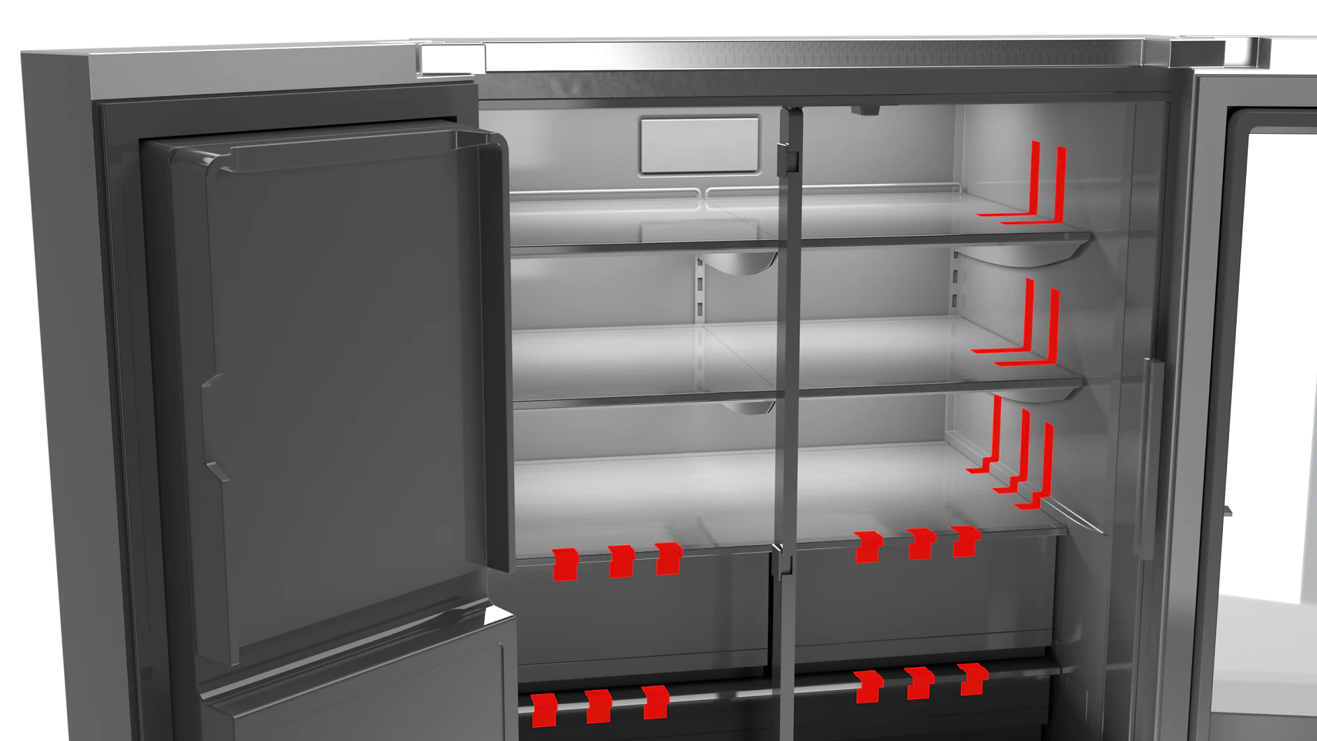 Open modern refrigerator showing empty interior with multiple clear shelves and red shelf brackets. The design features two doors with a sleek, metallic finish and minimalist structure, held together securely using tesa tape. (This text has been generated by AI)