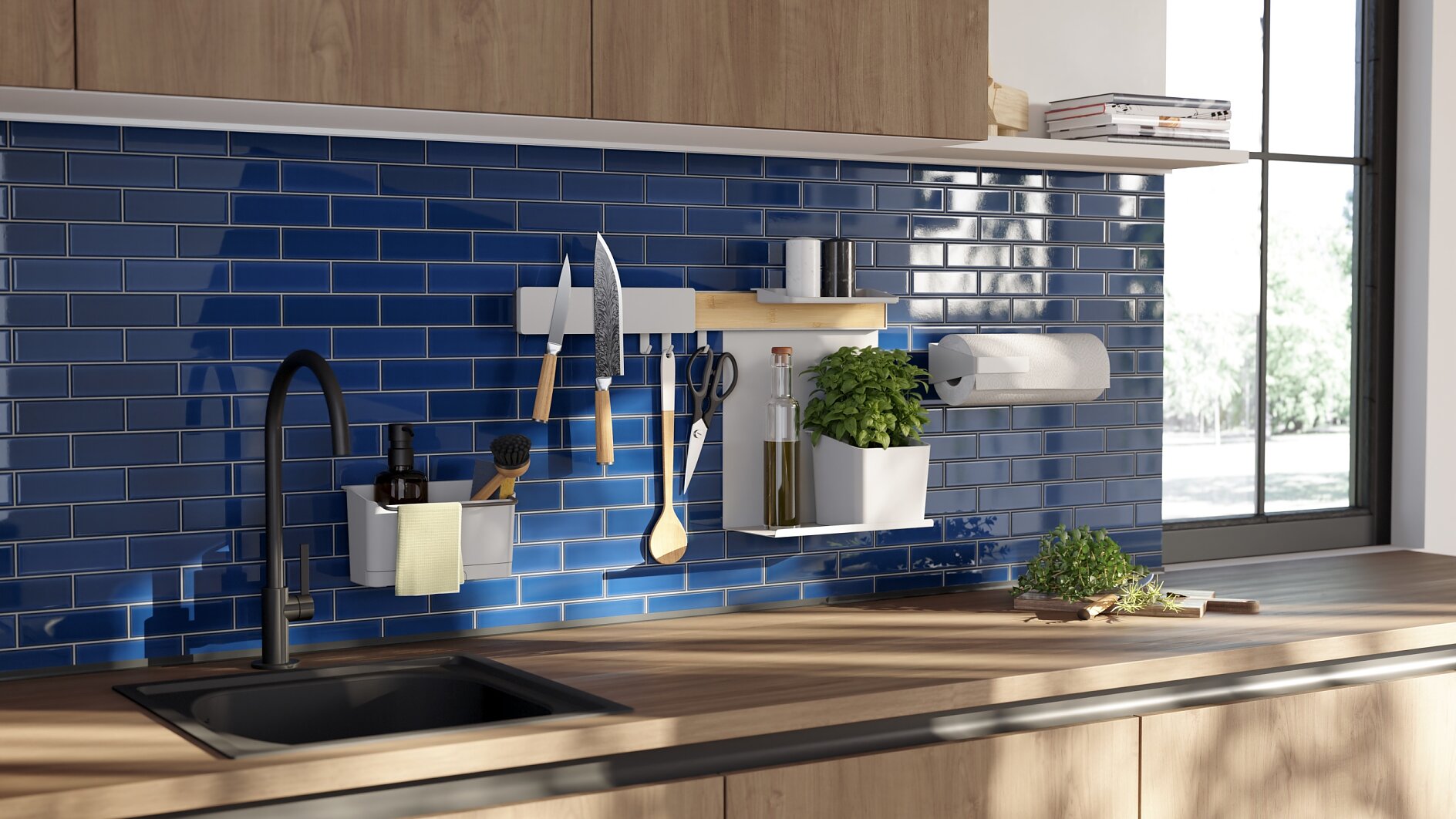A modern kitchen with a wooden countertop and a black sink. The backsplash features glossy blue subway tiles. Utensils, a knife set, and herbs are neatly organized on a rail with tesa tape, while sunlight streams through a nearby window. (This text has been generated by AI)