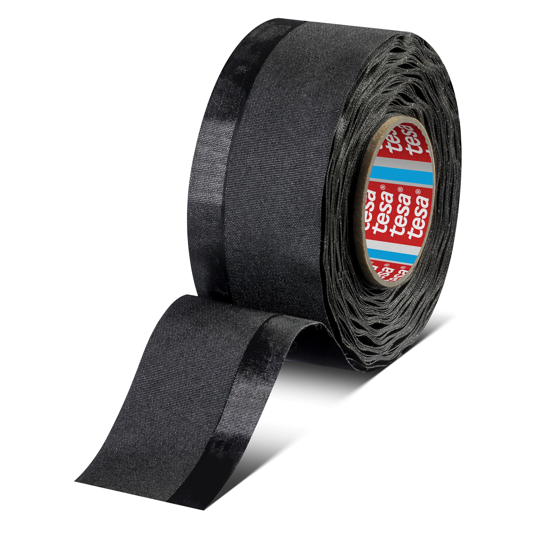 roll of black tesa adhesive tape with one end partially unrolled on a white background (This text has been generated by AI)