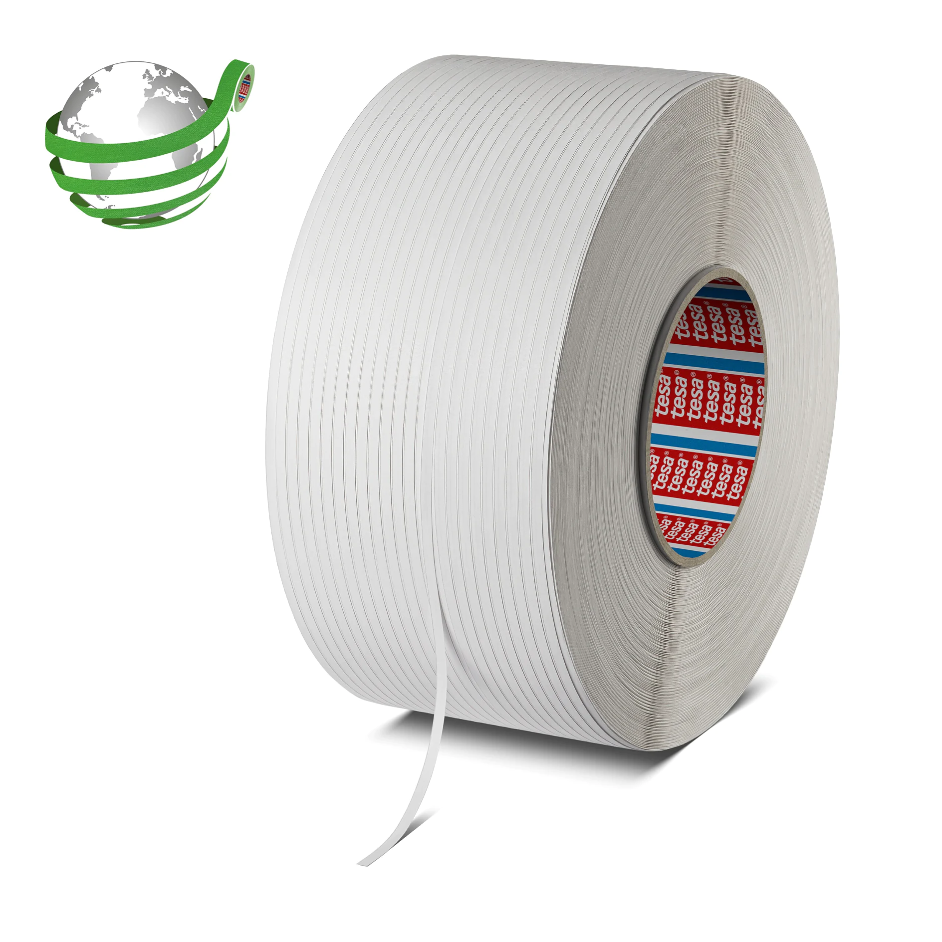 tesa white filament tape roll with textured surface, standing upright on a white background, used for packaging and sealing. (This text has been generated by AI)