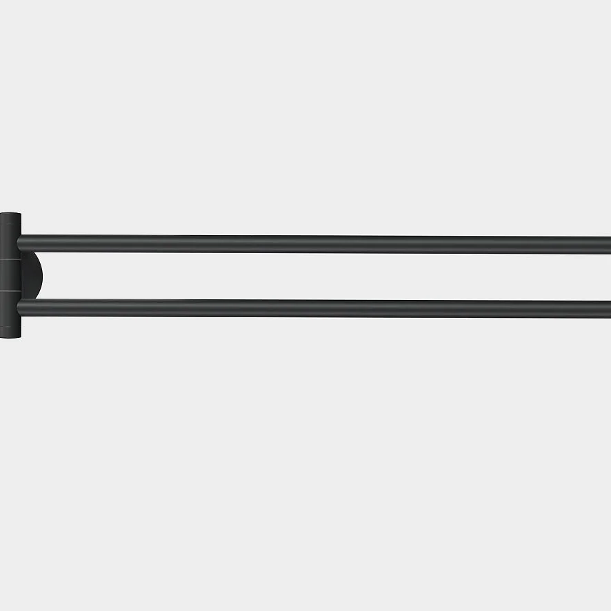 En svart väggmonterad handduksstång med två parallella horisontella stavar som sträcker sig från en rund bas. Den minimalistiska designen kontrasterar mot en vit bakgrund. (This text has been generated by AI)
