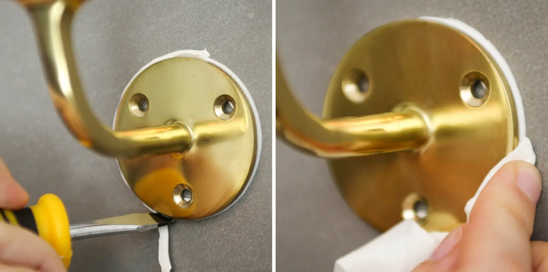 Vänster bild visar en person som använder en skruvmejsel för att ta bort en väggkrok i mässing som är fäst med skruvar. Vit tesa-tejp omger basen. Höger bild visar en person som rengör eller tar bort överflödig tesa-tejp från kanterna av krokens bas med en trasa. (This text has been generated by AI)