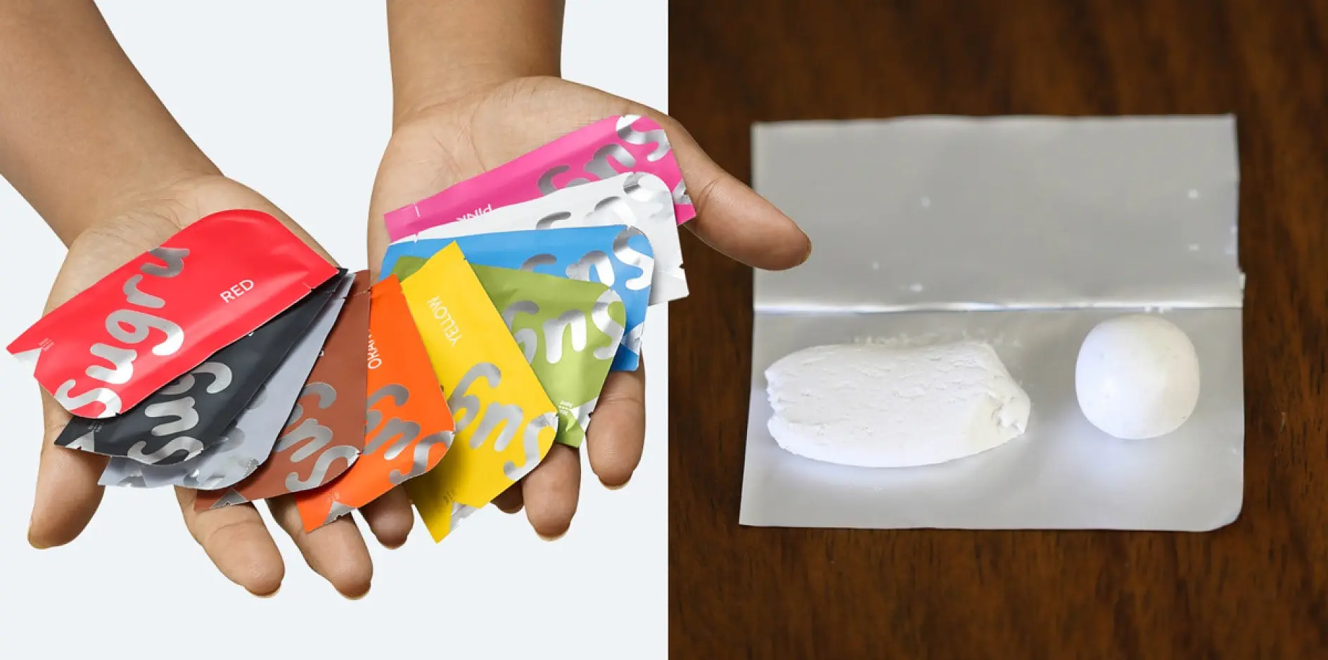 Två händer som håller färgglada sockerpåsar är på vänster sida. Till höger finns en platt yta med ett vitt, pulveraktigt ämne och en rund vit boll placerad på ett papper som är fastsatt med tesa-tejp. (This text has been generated by AI)