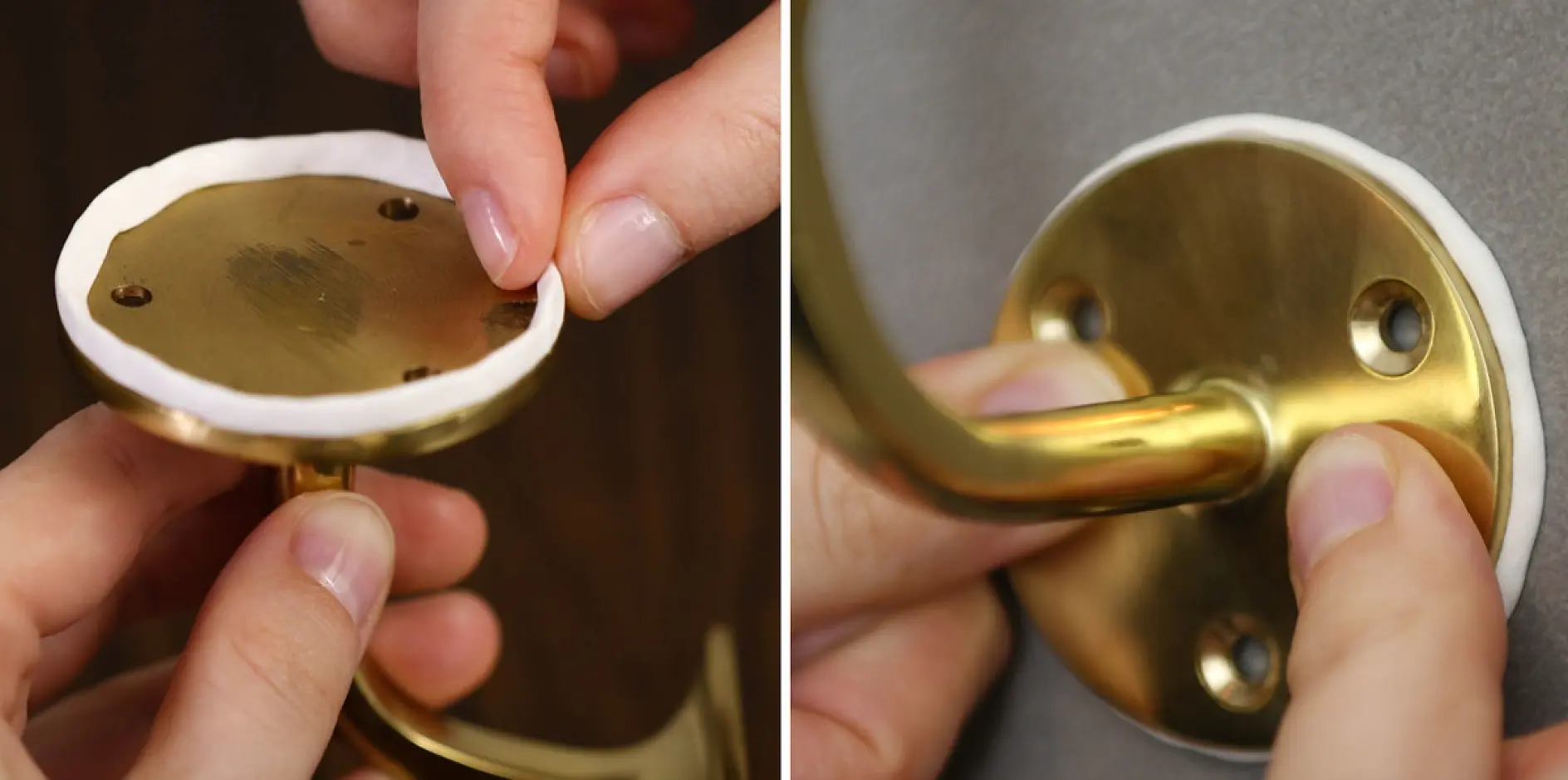 Bild med två paneler som visar en person som fäster en mässingskrok. Vänster panel: en persons hand applicerar en tesa-tejpring på baksidan av krokens bas. Höger panel: kroken fästs på en grå vägg med hjälp av tesa-tejp. (This text has been generated by AI)