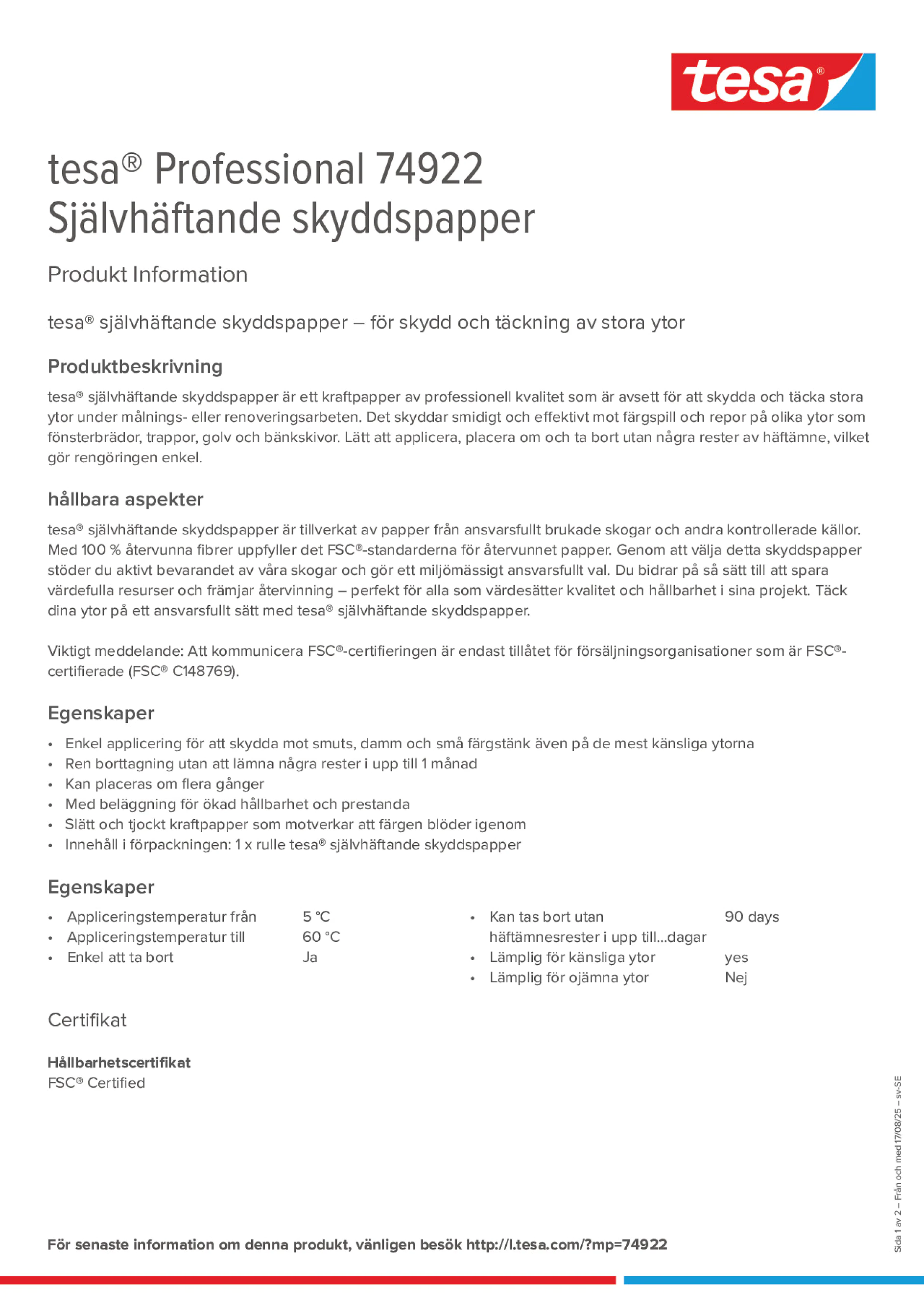 Product information_tesa® Professional 74922_sv-SE