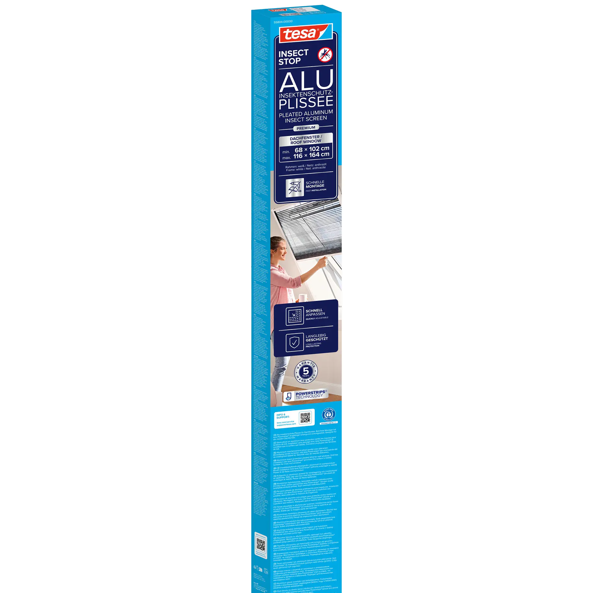 tesa alu plisse window blind packaging showing product image, features, and installation instructions on a white background (This text has been generated by AI)