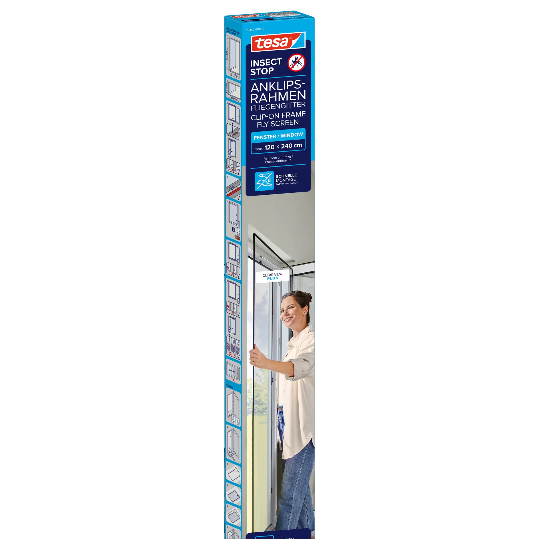 tesa insect window frame seal strip packaging with product image and installation demonstration on window indoors (This text has been generated by AI)