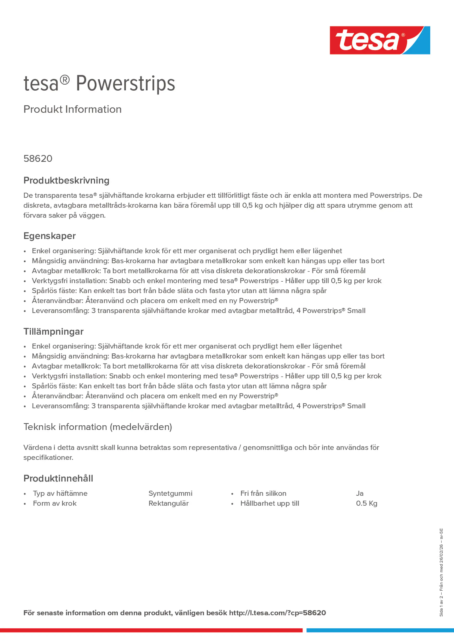 Product information_tesa® Powerstrips 58620_sv-SE